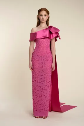 Embroidered Floral Dress With Asymmetrical Draped Cape