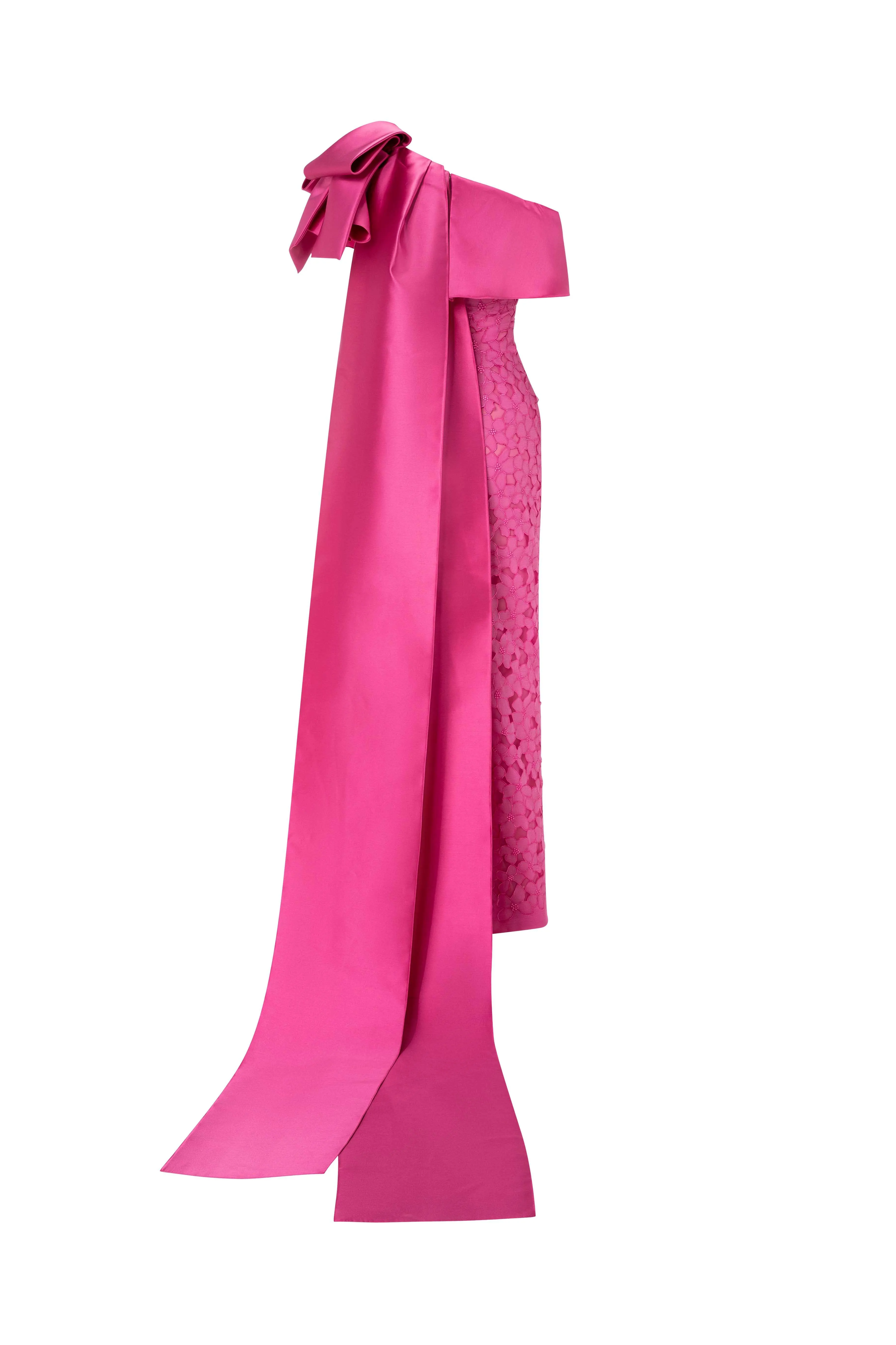 Embroidered Floral Dress With Asymmetrical Draped Cape