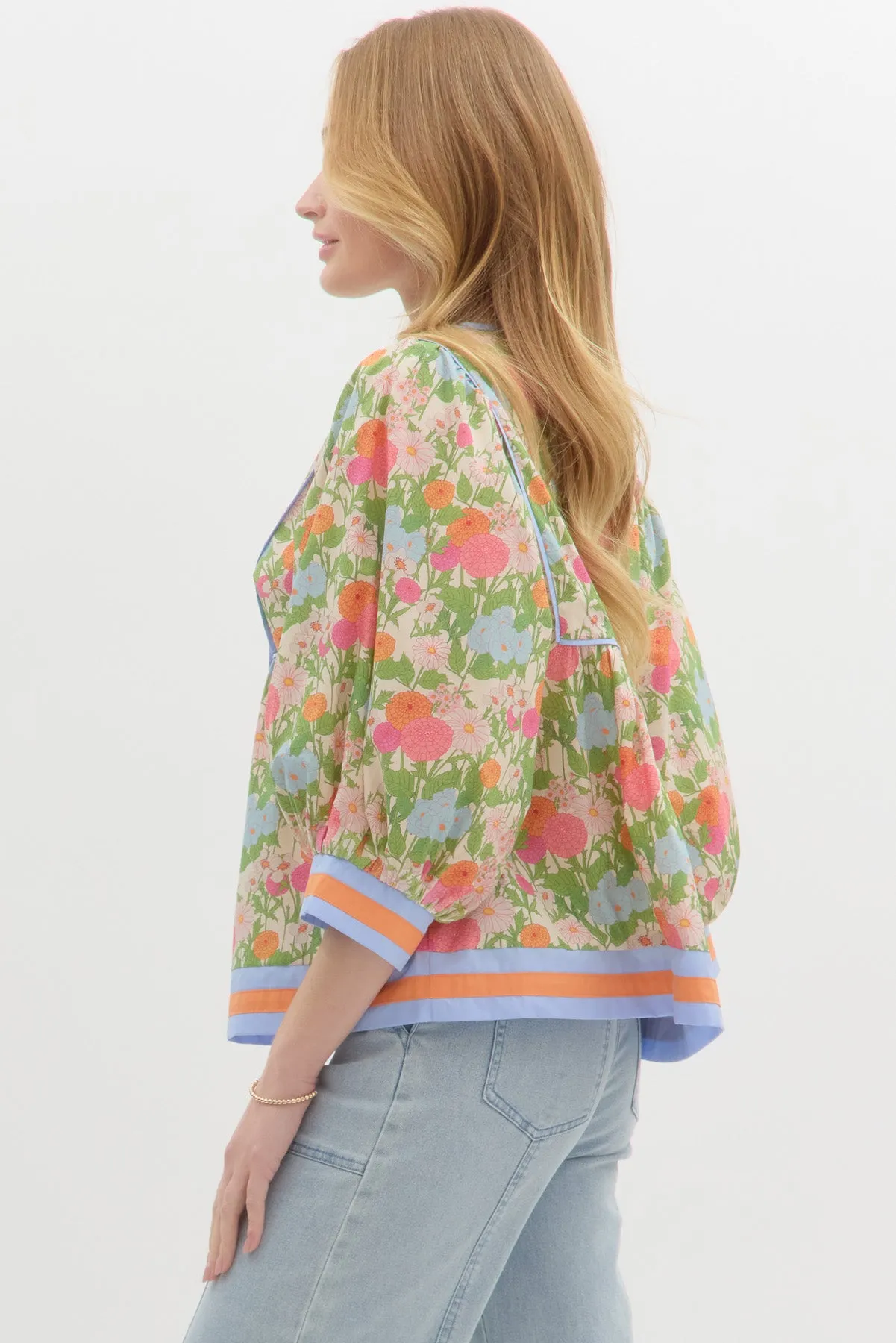 Floral Print Square Detail with V Neck Top