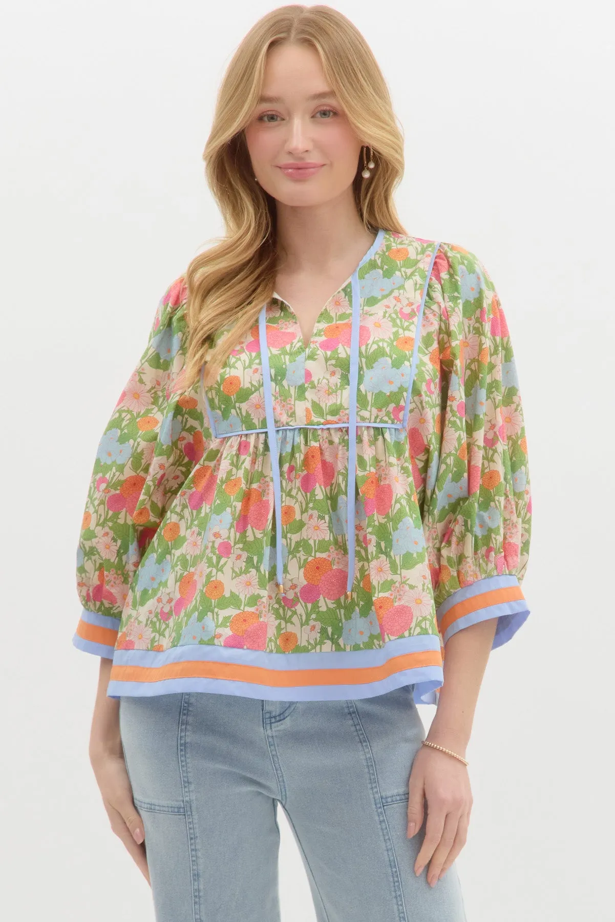 Floral Print Square Detail with V Neck Top
