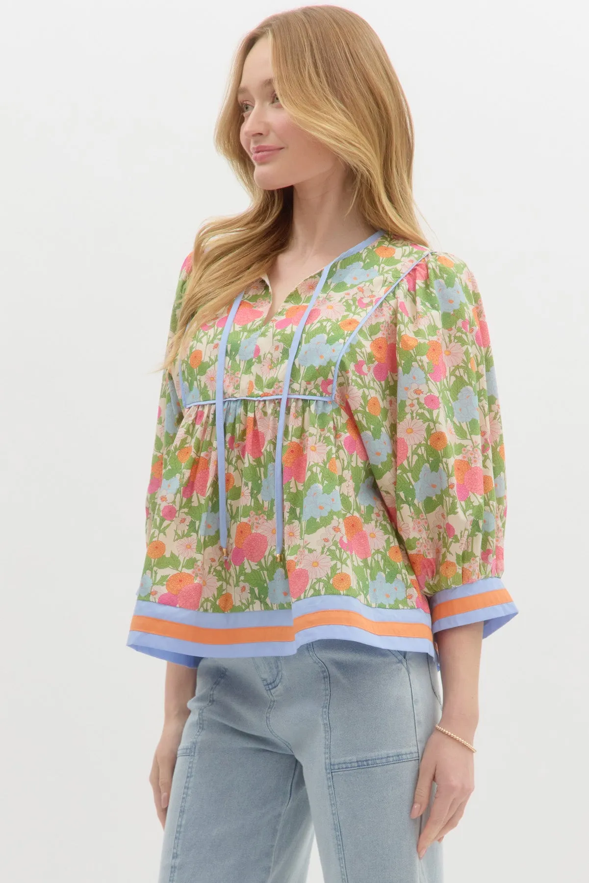 Floral Print Square Detail with V Neck Top