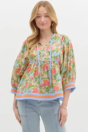 Floral Print Square Detail with V Neck Top