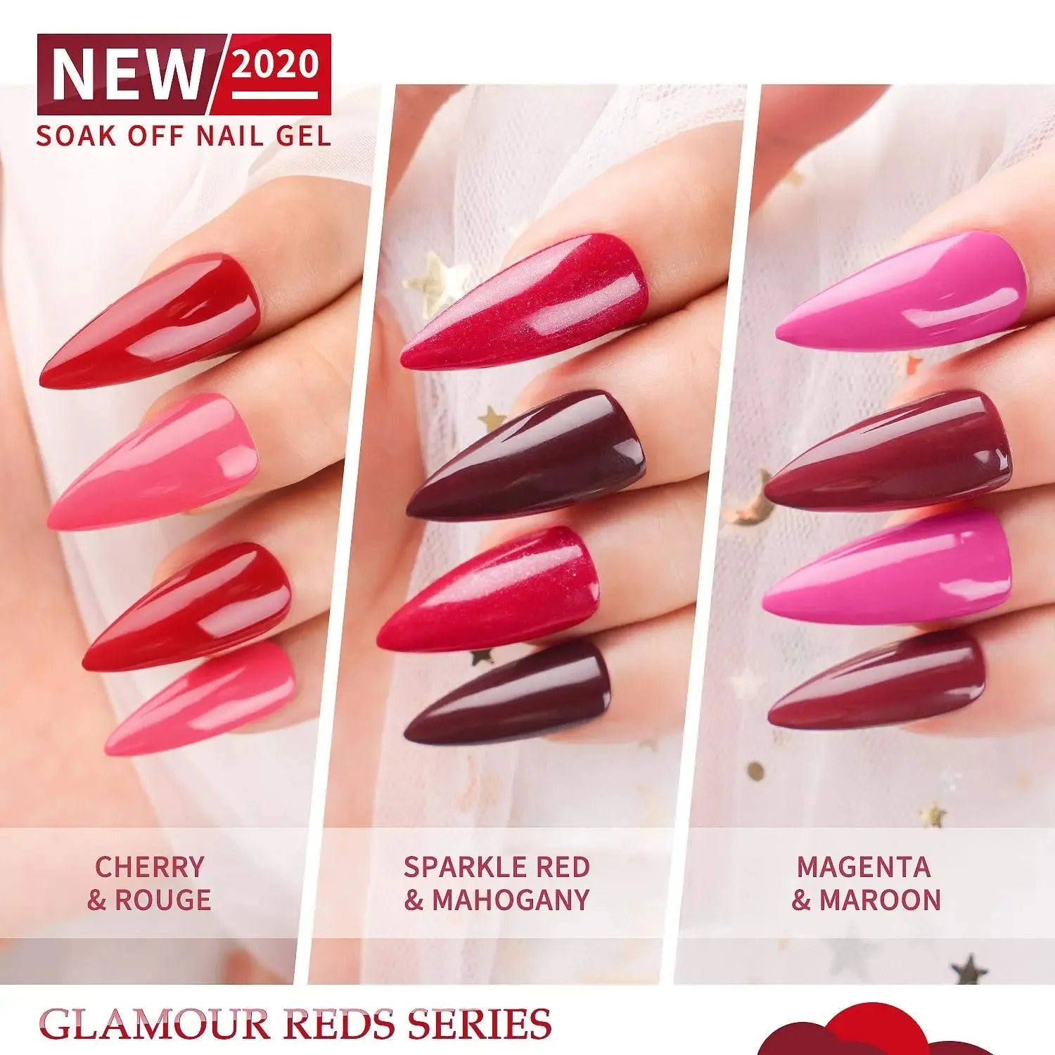Gellen Gel Nail Polish Set - Glamour Reds Magenta Maroon Trend Nail Gel 6 Colors - Soak Off Gel Polish Nail Art Home Gel Manicure Kit