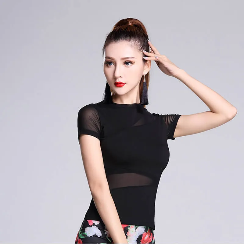 Halter Neck Short Sleeve Dance Top with Mesh