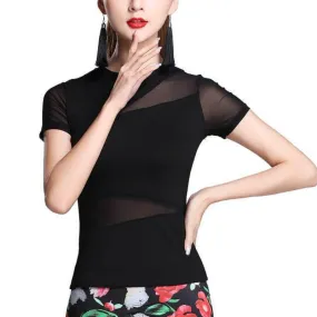 Halter Neck Short Sleeve Dance Top with Mesh