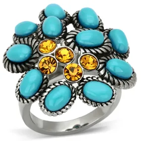 High polished (no plating) Stainless Steel Ring with Synthetic Synthetic Stone in Turquoise for Women Style TK1150