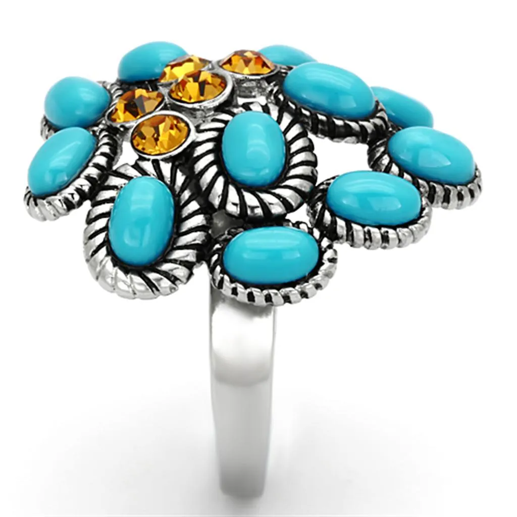 High polished (no plating) Stainless Steel Ring with Synthetic Synthetic Stone in Turquoise for Women Style TK1150