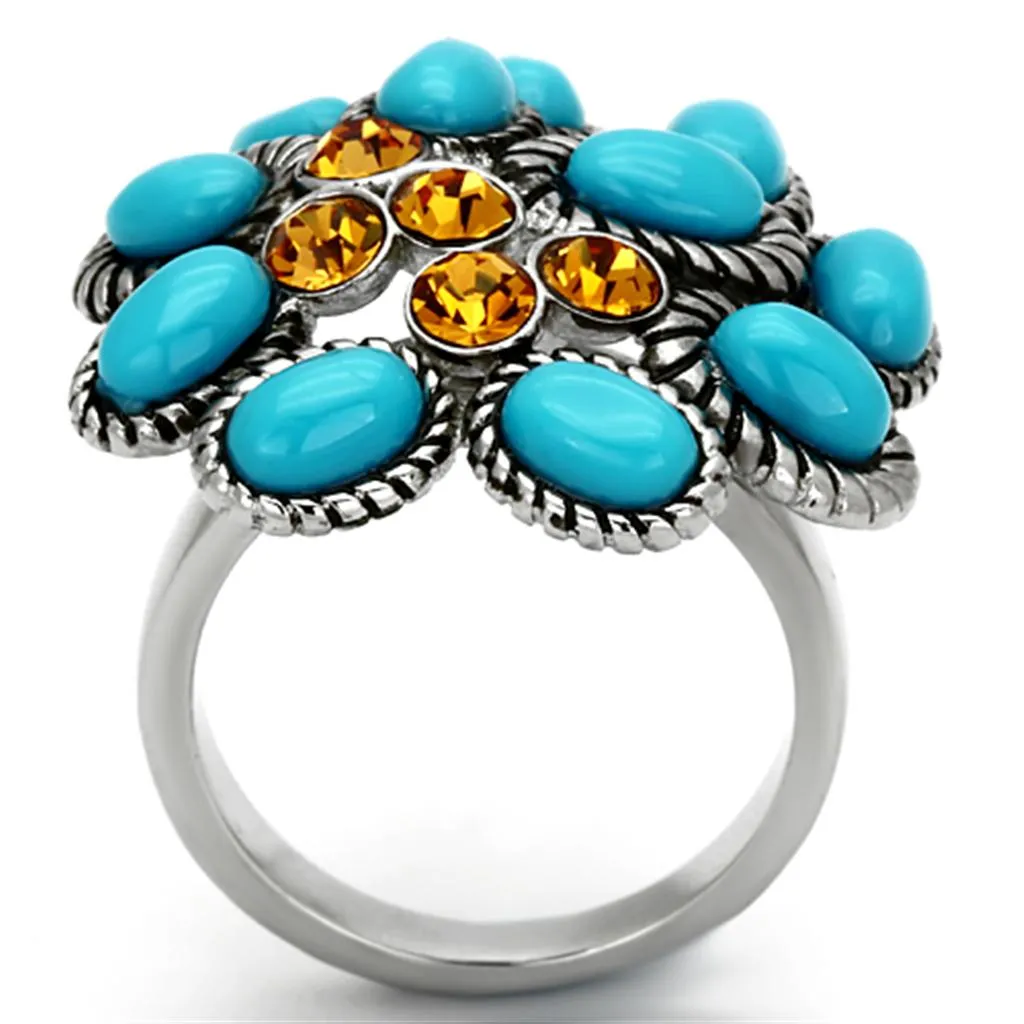 High polished (no plating) Stainless Steel Ring with Synthetic Synthetic Stone in Turquoise for Women Style TK1150