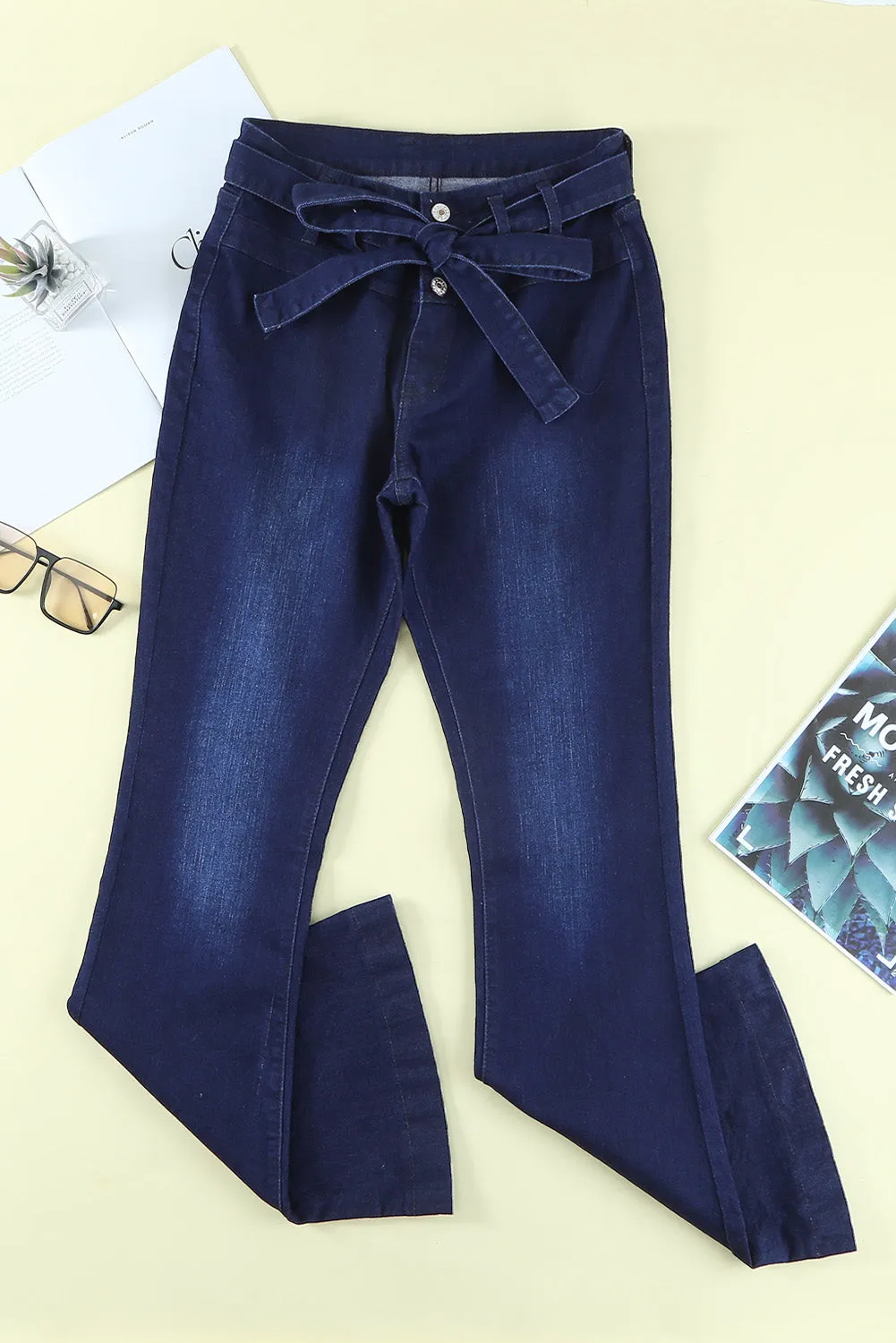 High Waist Bell Bottom Jeans with Attached Belt