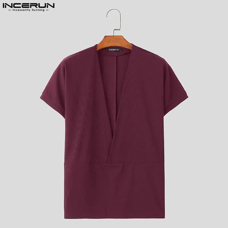 INCERUN Männer T Shirt Einfarbig V-ausschnitt Kurzarm Sommer Casual Männer Kleidung Streetwear 2024 Mode Freizeit T Tops S-5XL