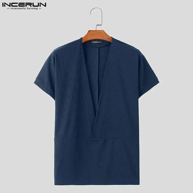 INCERUN Männer T Shirt Einfarbig V-ausschnitt Kurzarm Sommer Casual Männer Kleidung Streetwear 2024 Mode Freizeit T Tops S-5XL