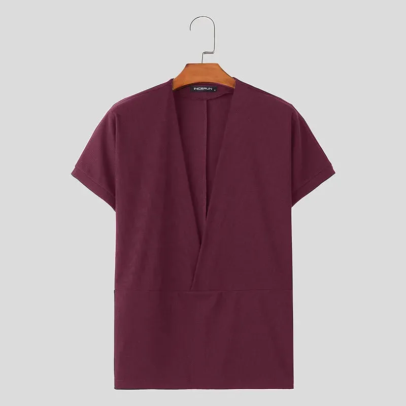 INCERUN Männer T Shirt Einfarbig V-ausschnitt Kurzarm Sommer Casual Männer Kleidung Streetwear 2024 Mode Freizeit T Tops S-5XL