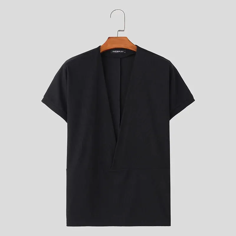 INCERUN Männer T Shirt Einfarbig V-ausschnitt Kurzarm Sommer Casual Männer Kleidung Streetwear 2024 Mode Freizeit T Tops S-5XL