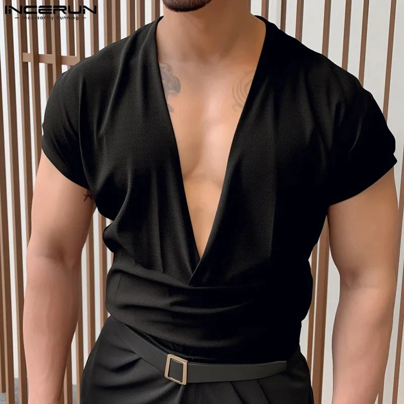 INCERUN Männer T Shirt Einfarbig V-ausschnitt Kurzarm Sommer Casual Männer Kleidung Streetwear 2024 Mode Freizeit T Tops S-5XL