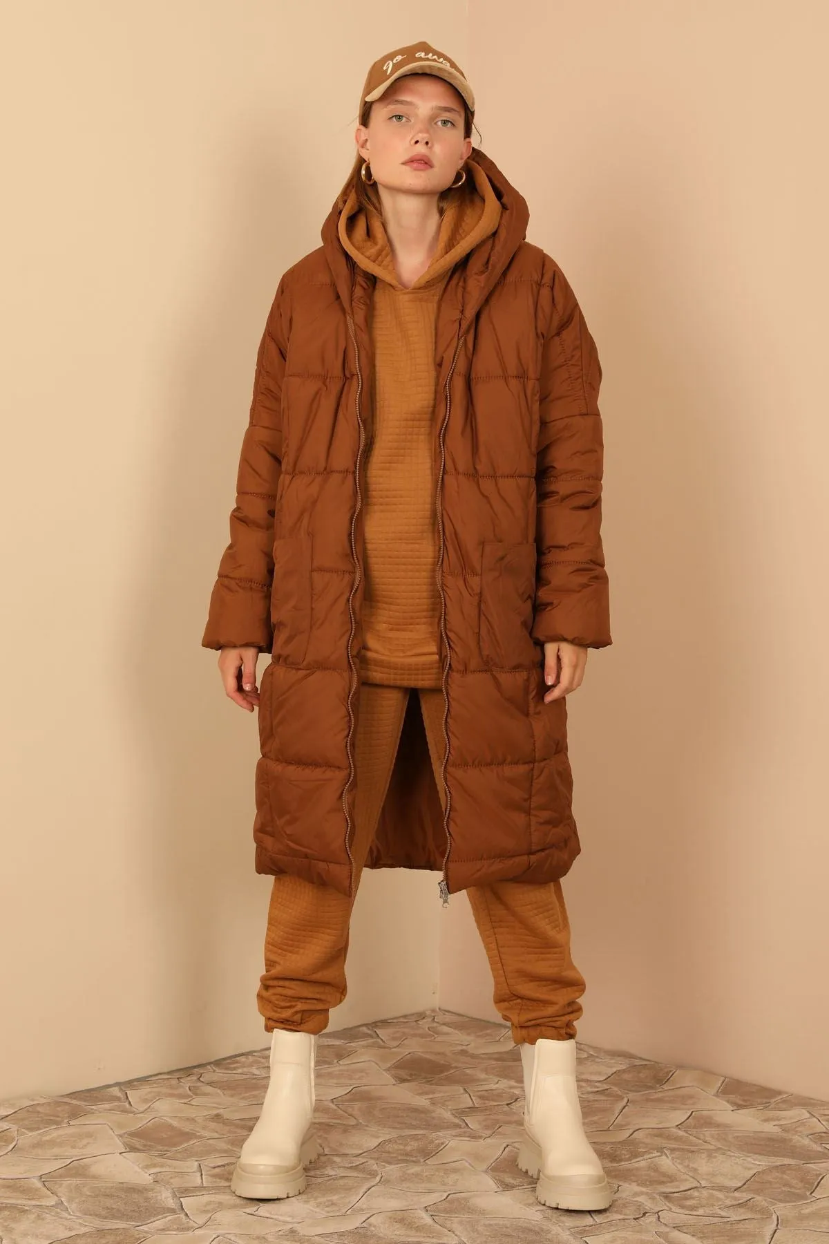 KKT Long Sleeve Oversize Women Coat - Brown - Weston