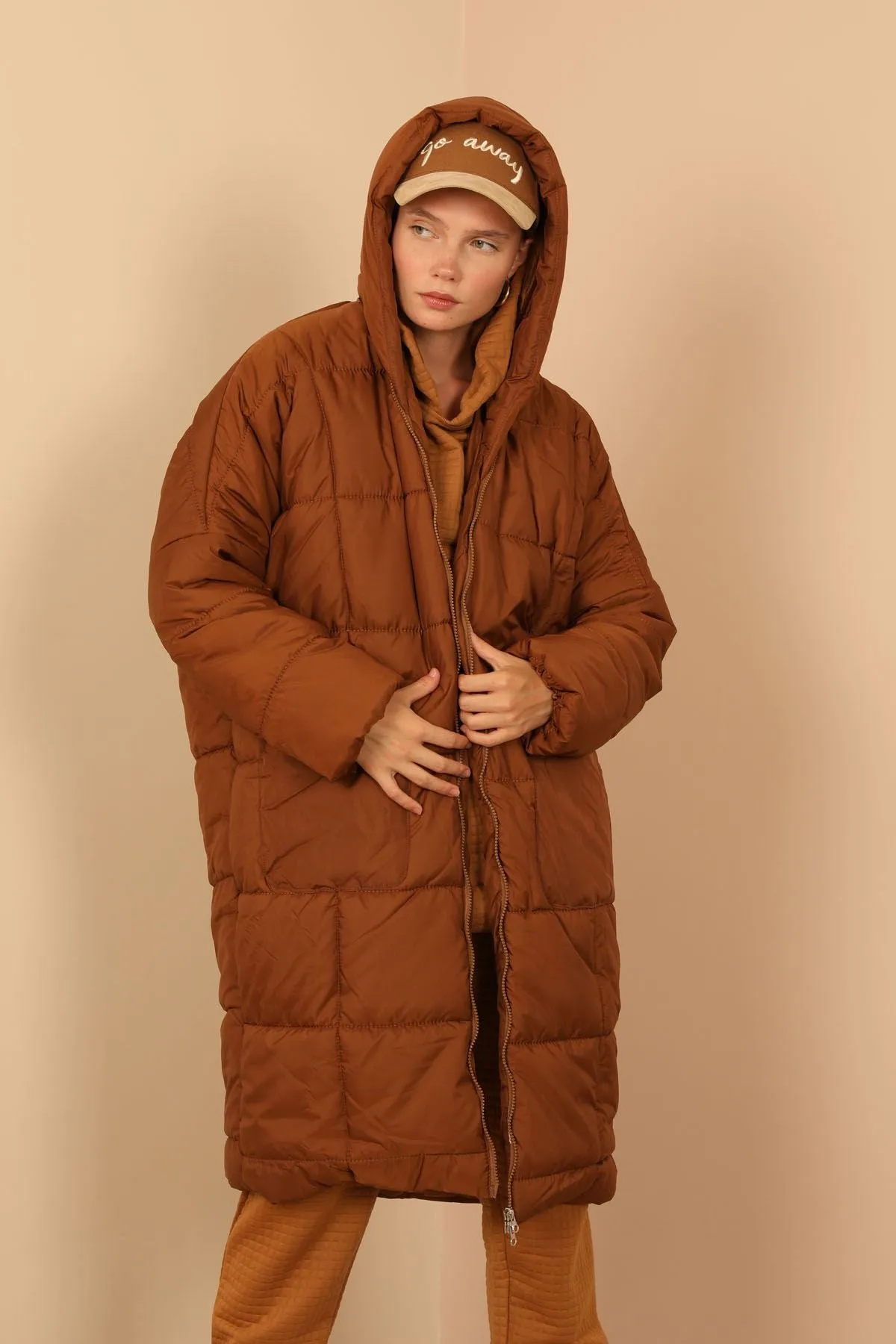 KKT Long Sleeve Oversize Women Coat - Brown - Weston