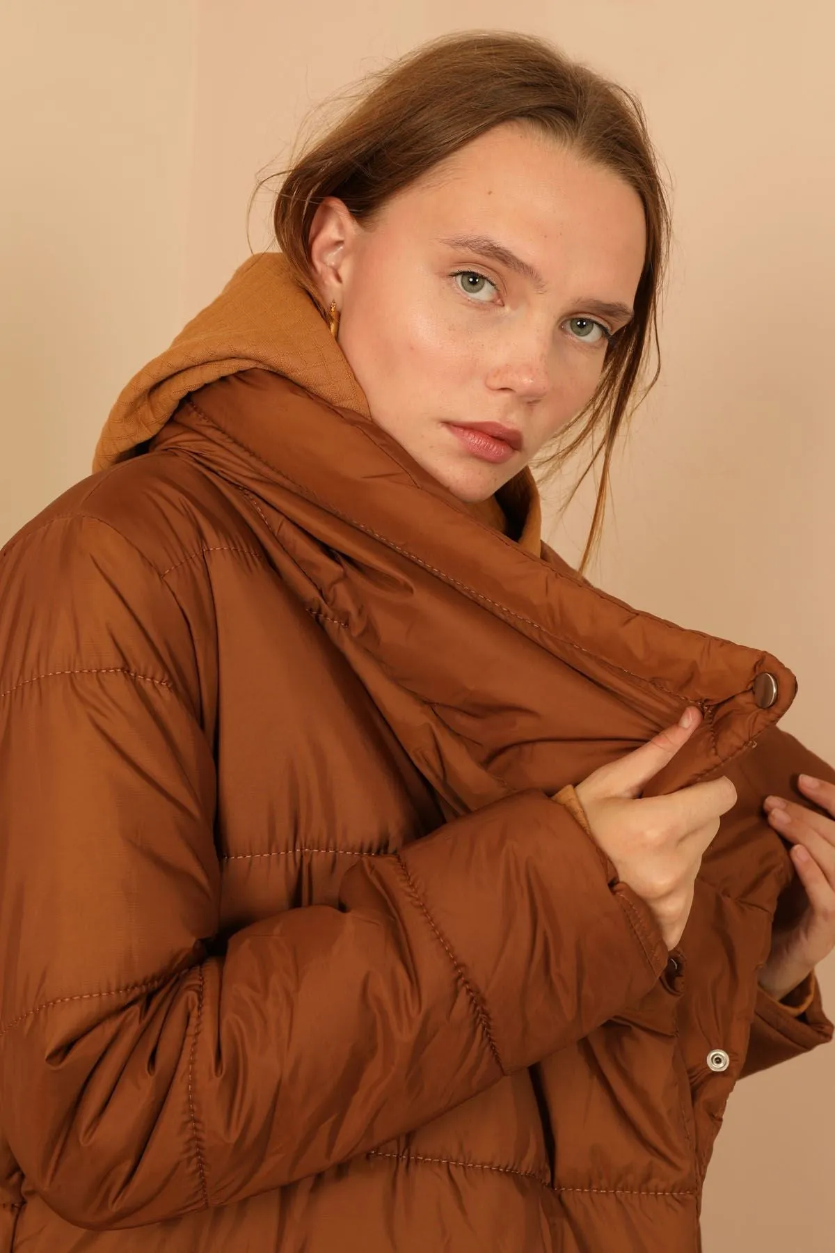 KKT Long Sleeve Oversize Women Coat - Brown - Weston