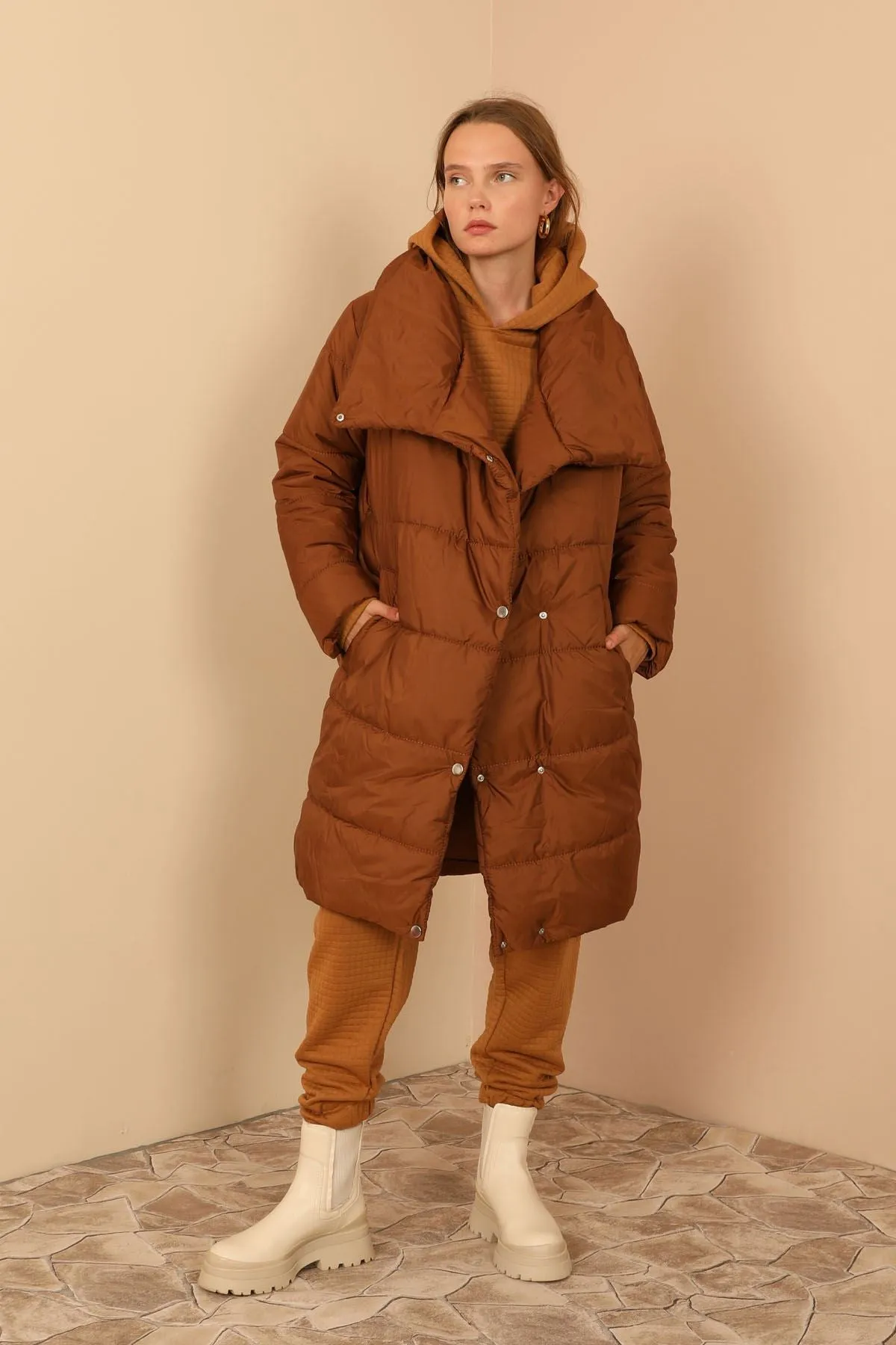 KKT Long Sleeve Oversize Women Coat - Brown - Weston