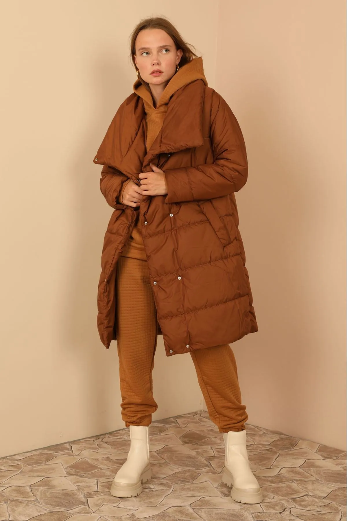 KKT Long Sleeve Oversize Women Coat - Brown - Weston