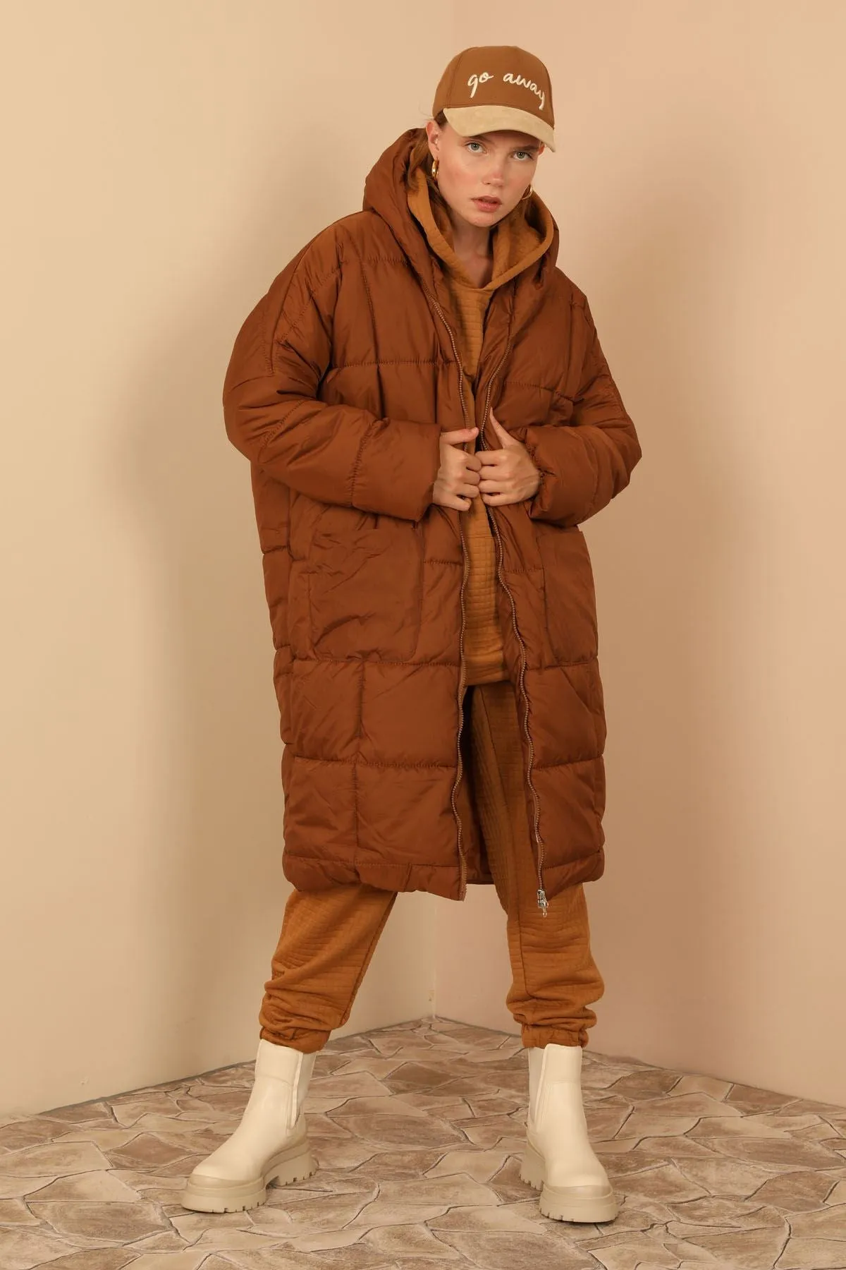KKT Long Sleeve Oversize Women Coat - Brown - Weston