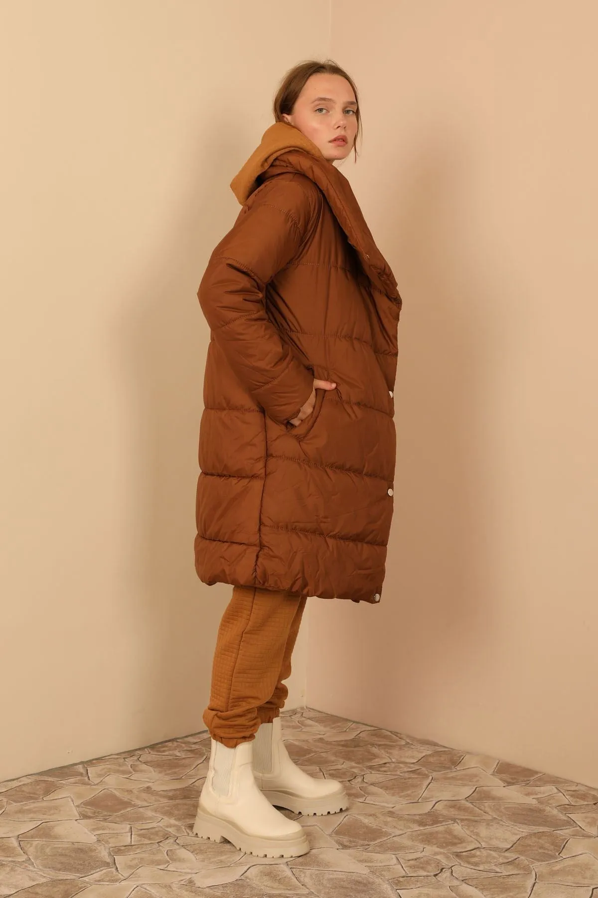 KKT Long Sleeve Oversize Women Coat - Brown - Weston