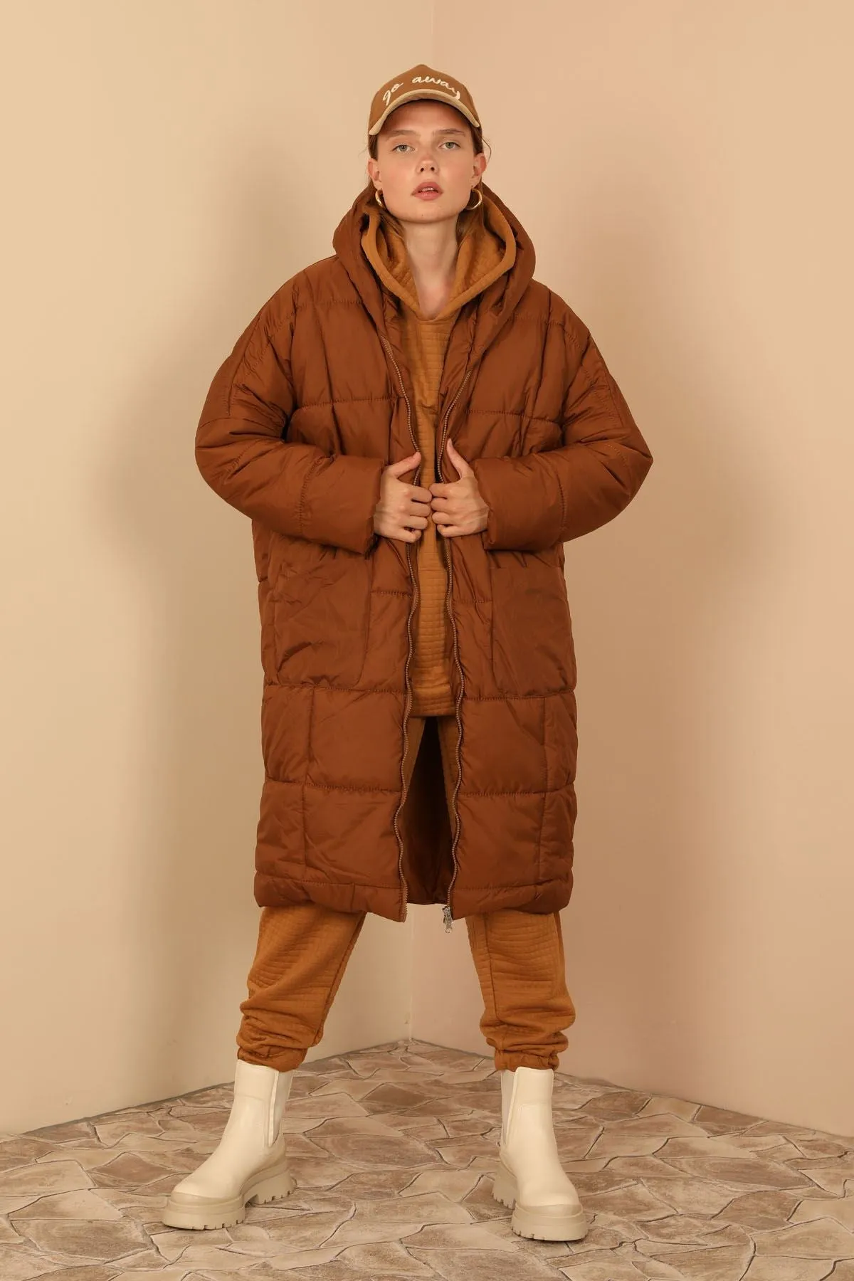 KKT Long Sleeve Oversize Women Coat - Brown - Weston