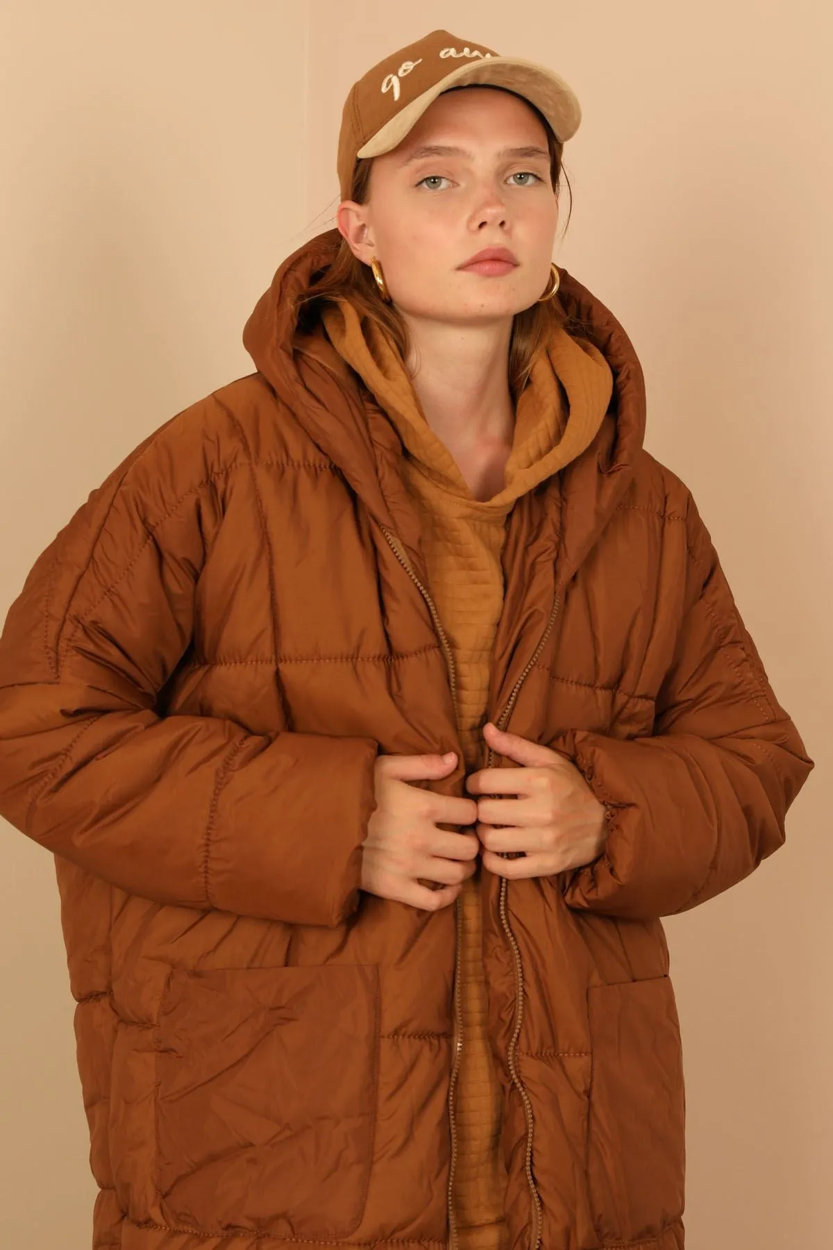 KKT Long Sleeve Oversize Women Coat - Brown - Weston