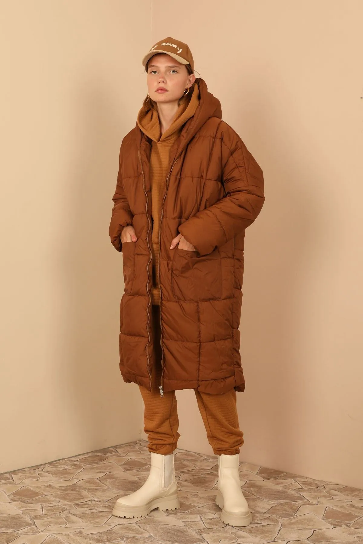 KKT Long Sleeve Oversize Women Coat - Brown - Weston