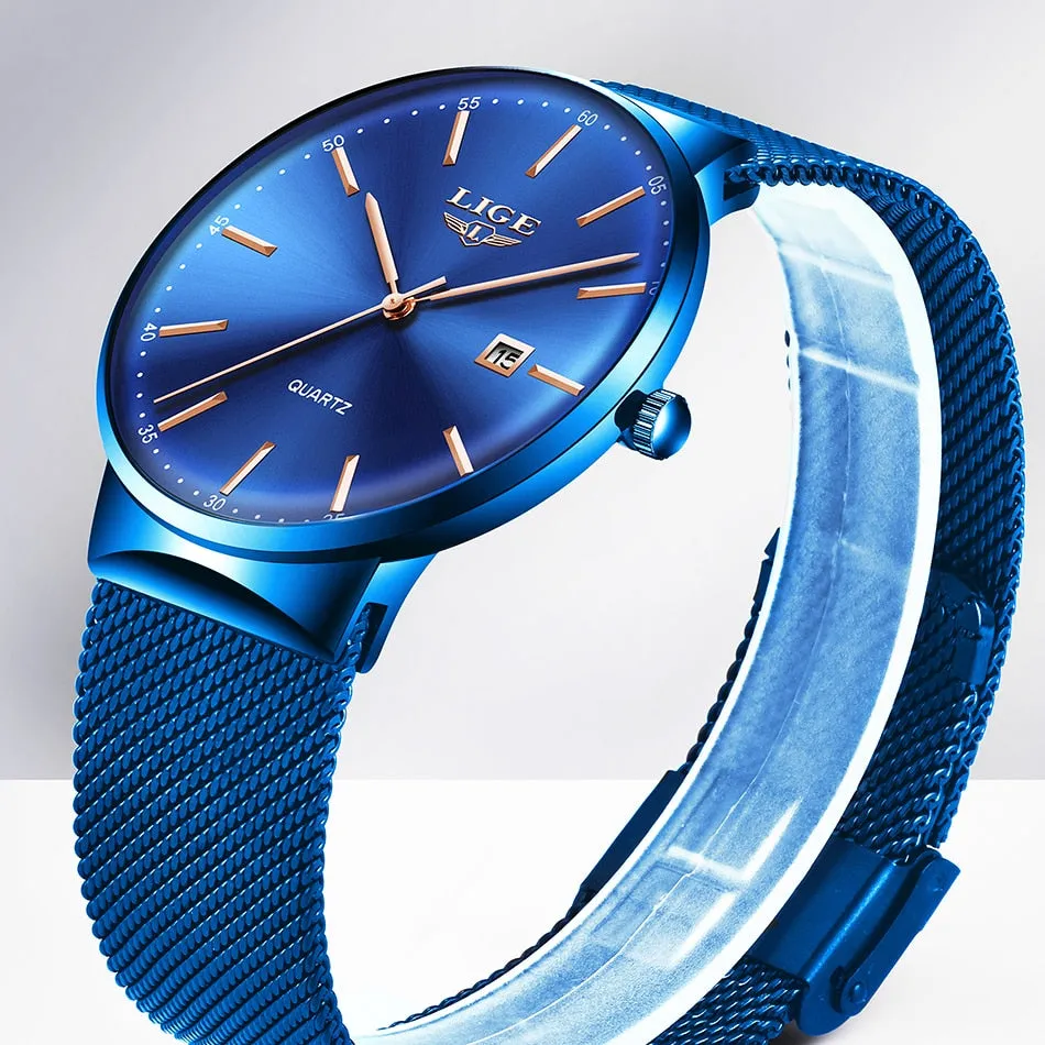 LIGE Fashion Full Stainless Steel Mesh Strap Business Watch