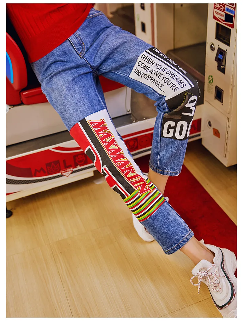 MAXMARTIN MOM JEANS WITH LOGO AND LETTERS PANEL DETAIL