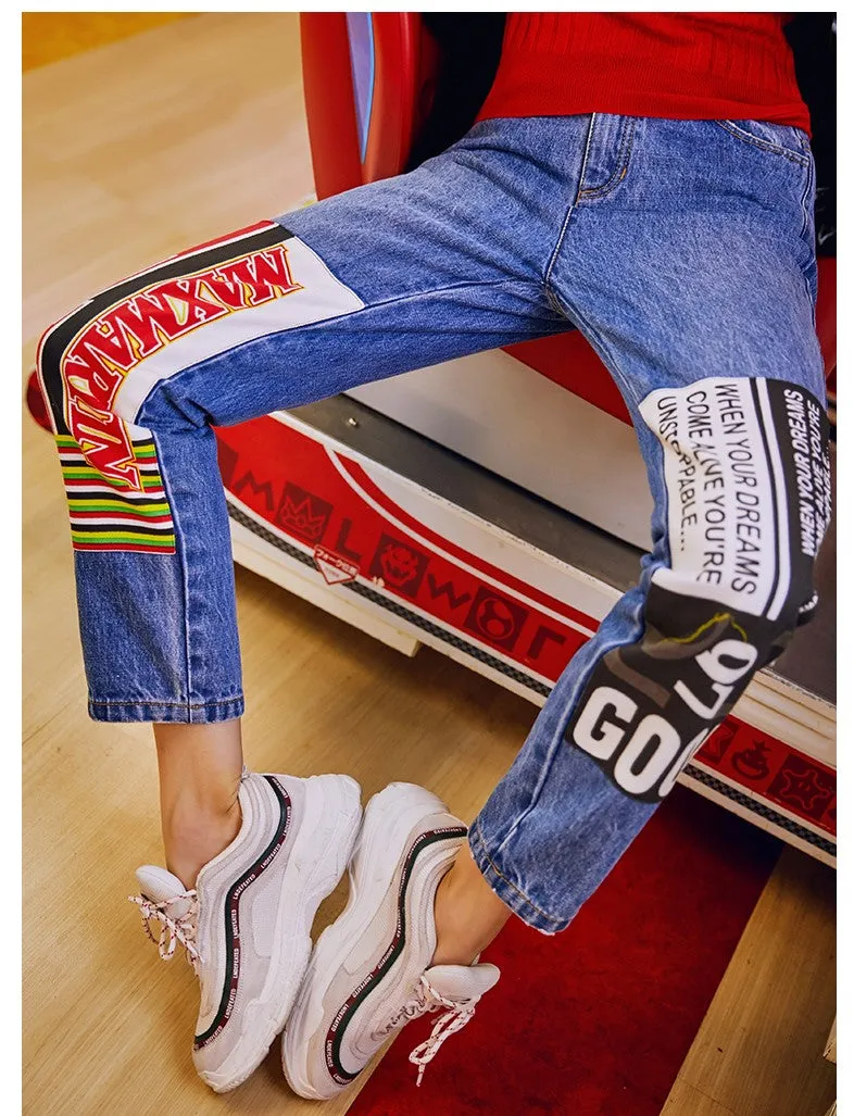 MAXMARTIN MOM JEANS WITH LOGO AND LETTERS PANEL DETAIL