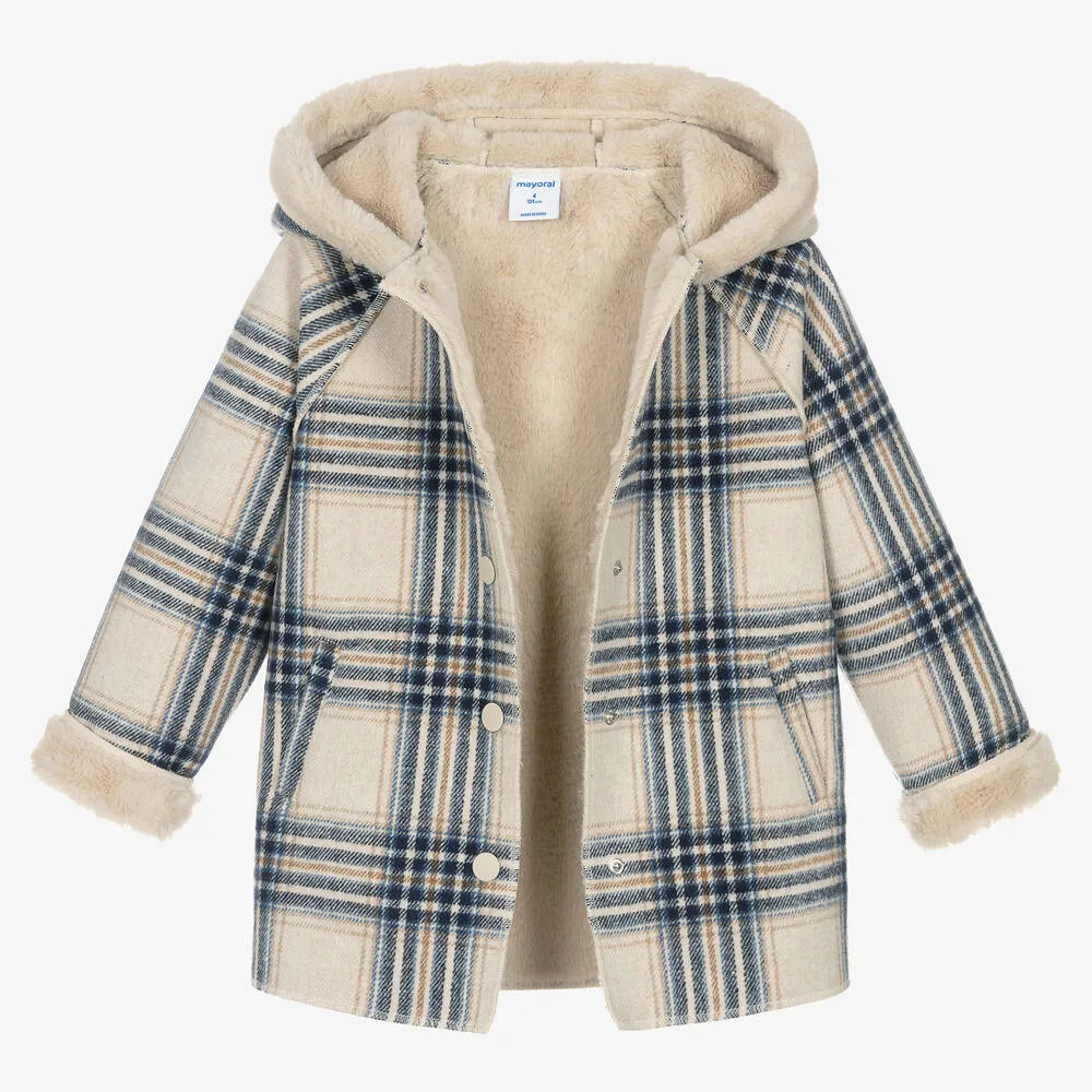 Mayoral Girls Hooded Plaid Coat with Sherpa Lining : Size 4 to 9