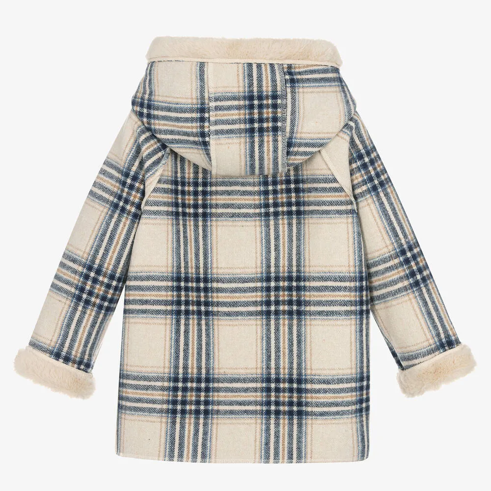 Mayoral Girls Hooded Plaid Coat with Sherpa Lining : Size 4 to 9