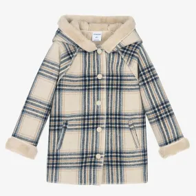 Mayoral Girls Hooded Plaid Coat with Sherpa Lining : Size 4 to 9