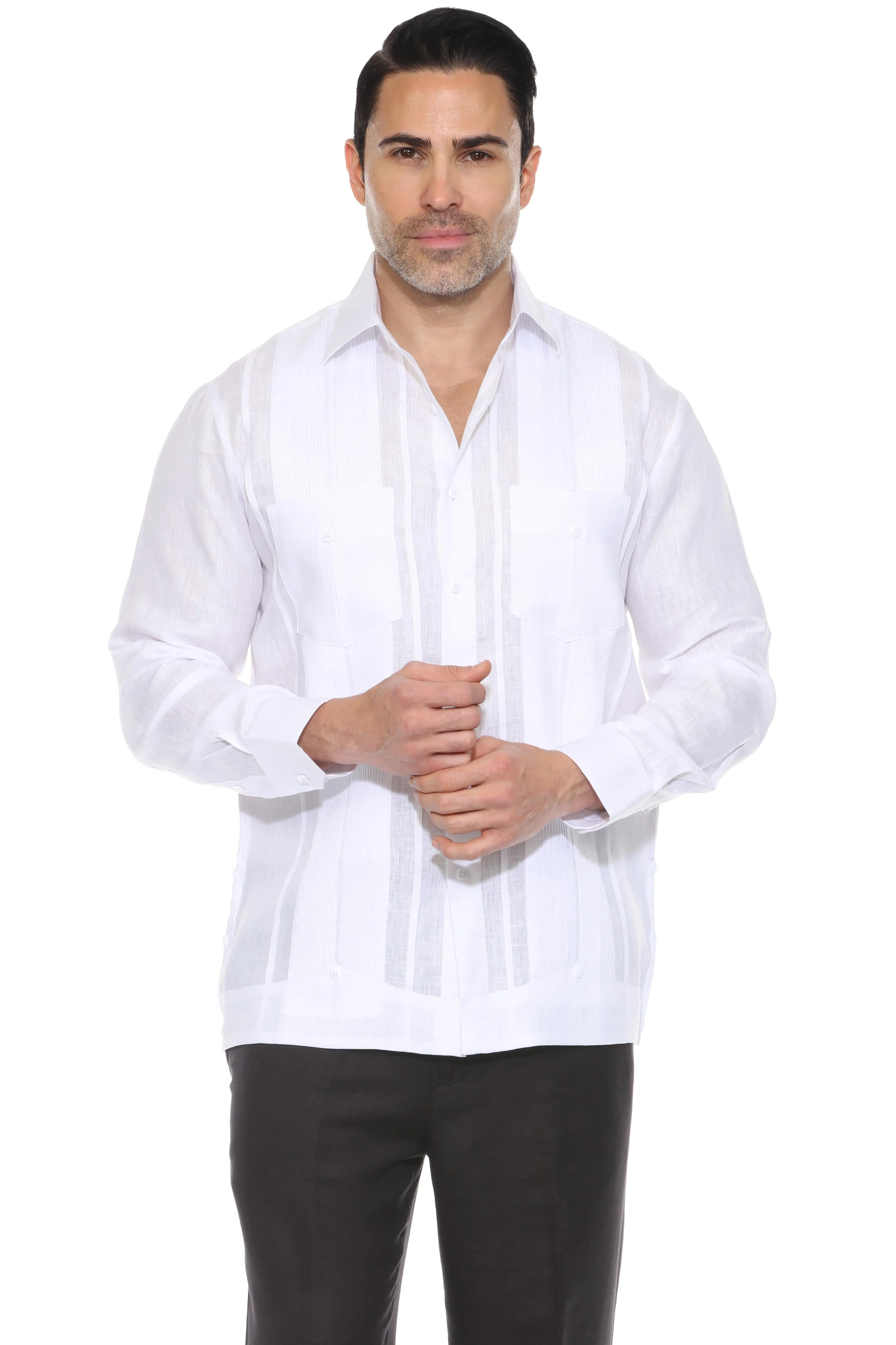 Men's 100% Linen Yarn Dyed Guayabera Chacabana Shirt Long Sleeve with 2 Pocket Design