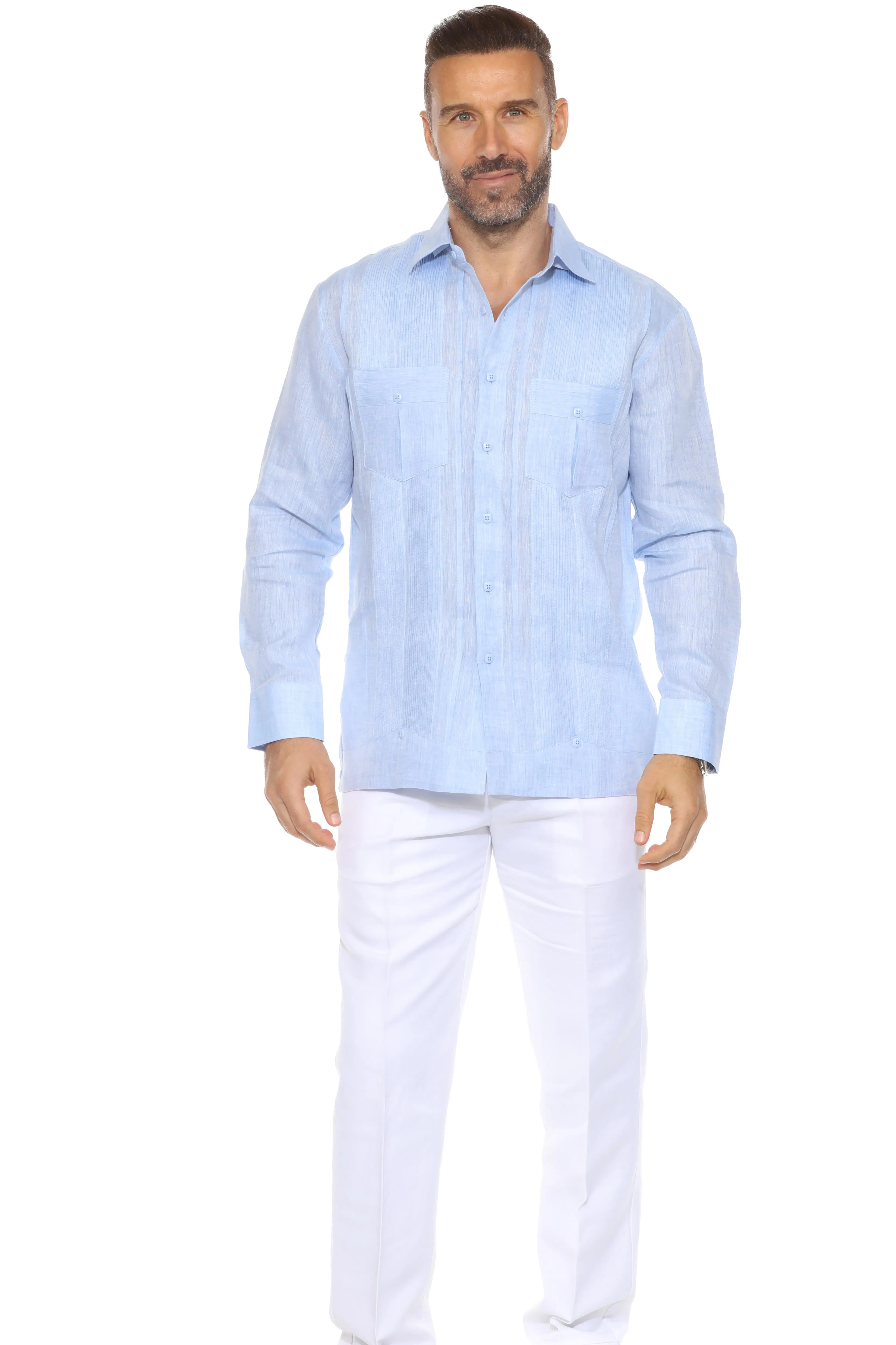 Men's 100% Linen Yarn Dyed Guayabera Chacabana Shirt Long Sleeve with 2 Pocket Design