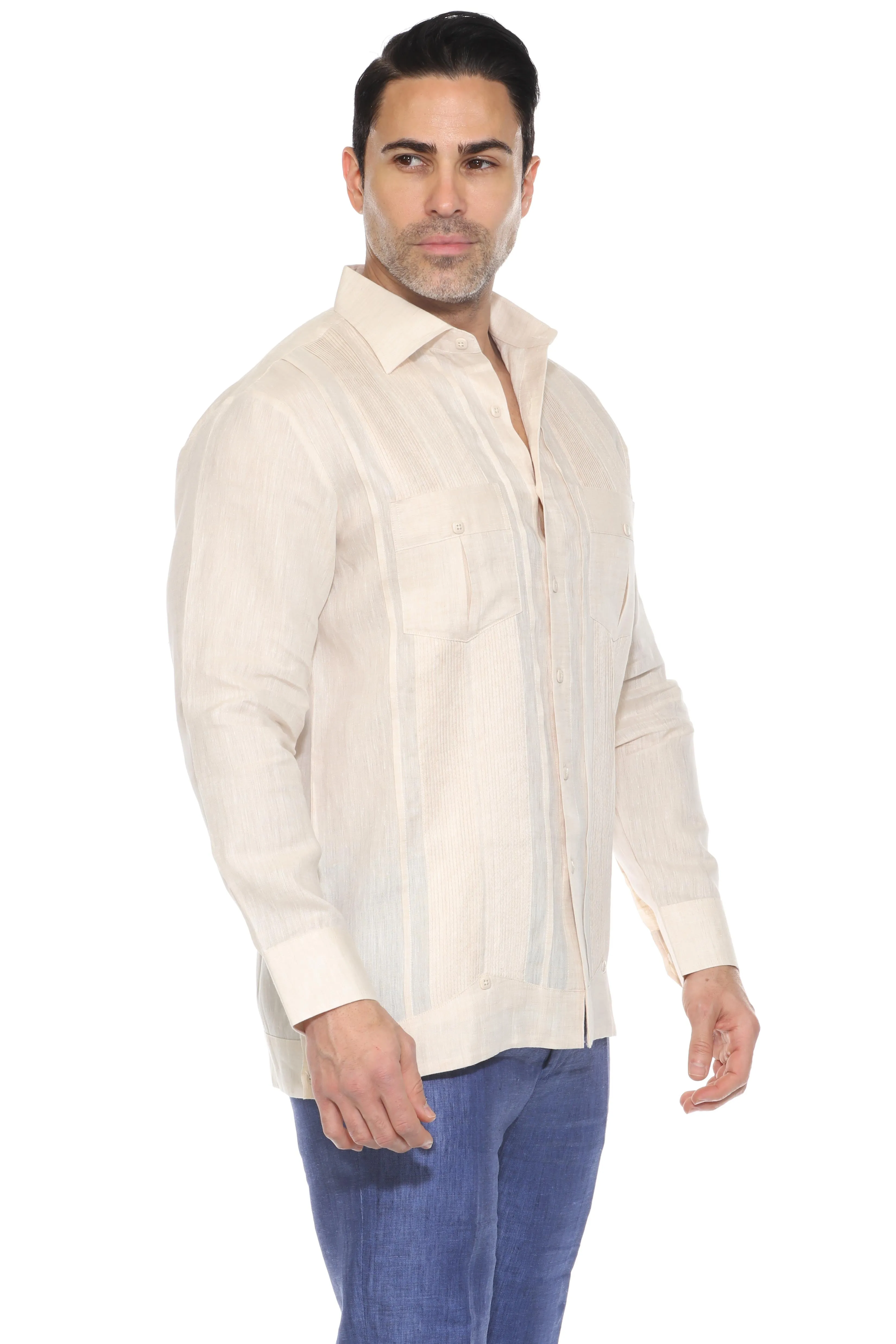 Men's 100% Linen Yarn Dyed Guayabera Chacabana Shirt Long Sleeve with 2 Pocket Design