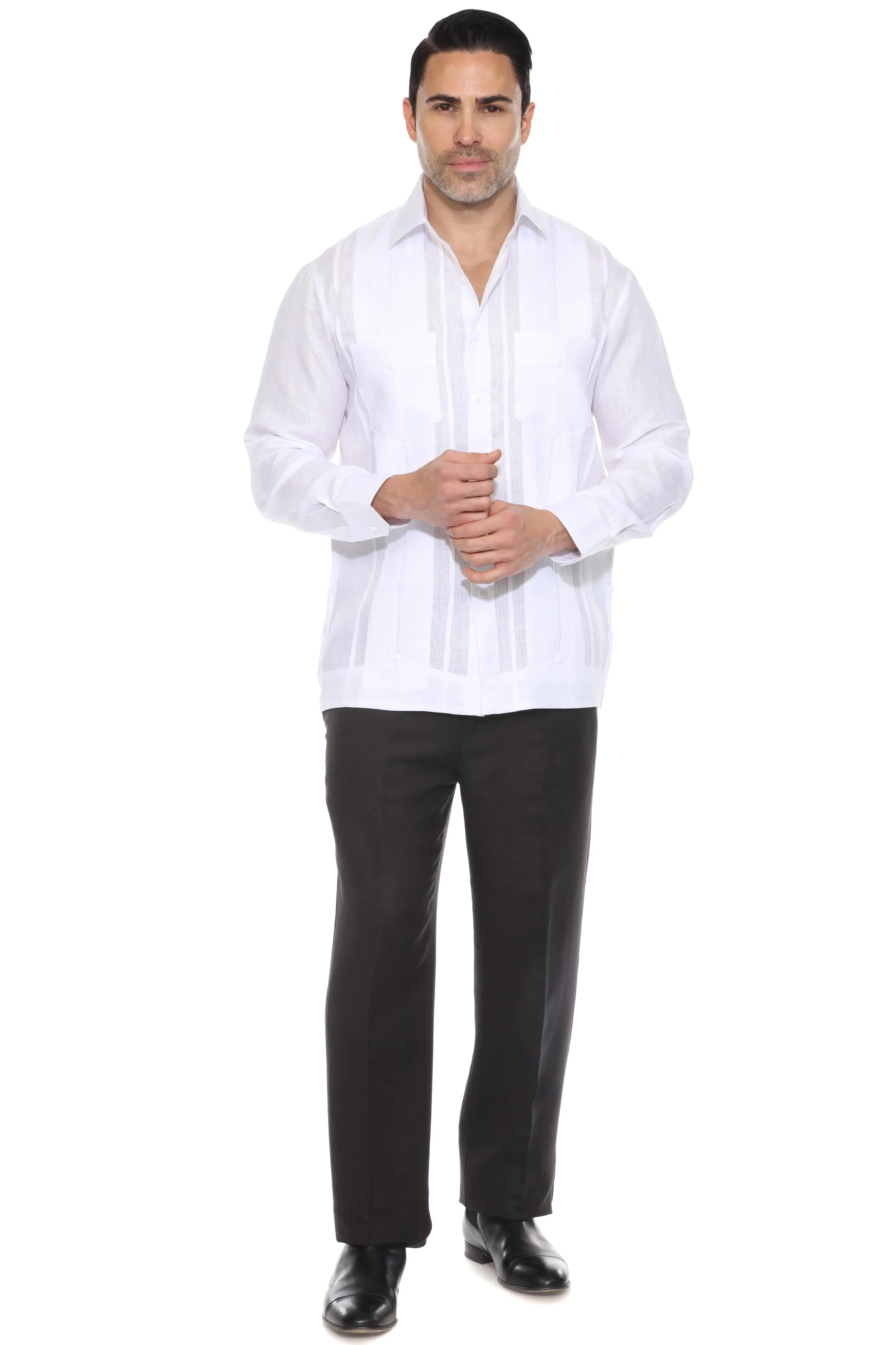 Men's 100% Linen Yarn Dyed Guayabera Chacabana Shirt Long Sleeve with 2 Pocket Design