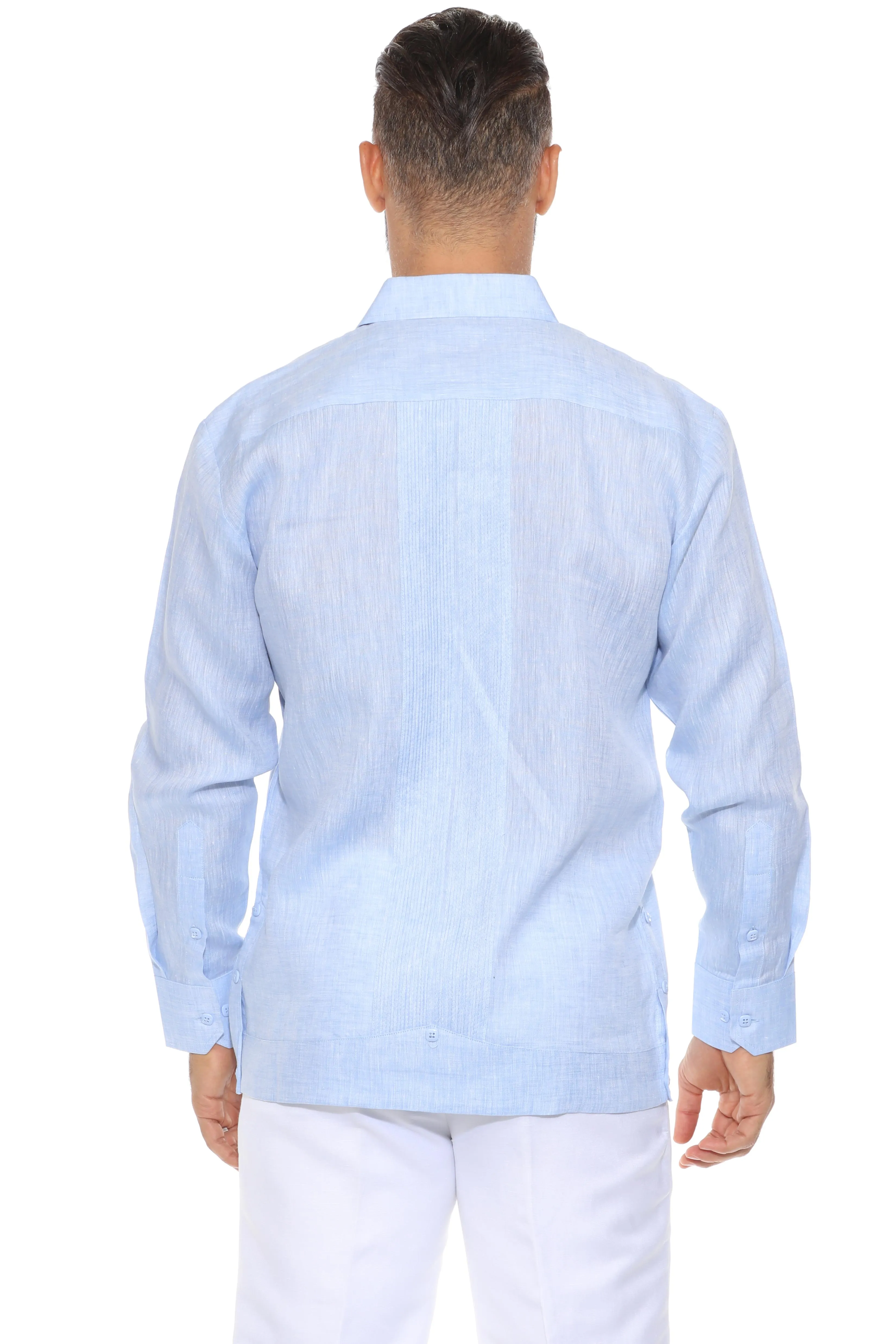 Men's 100% Linen Yarn Dyed Guayabera Chacabana Shirt Long Sleeve with 2 Pocket Design