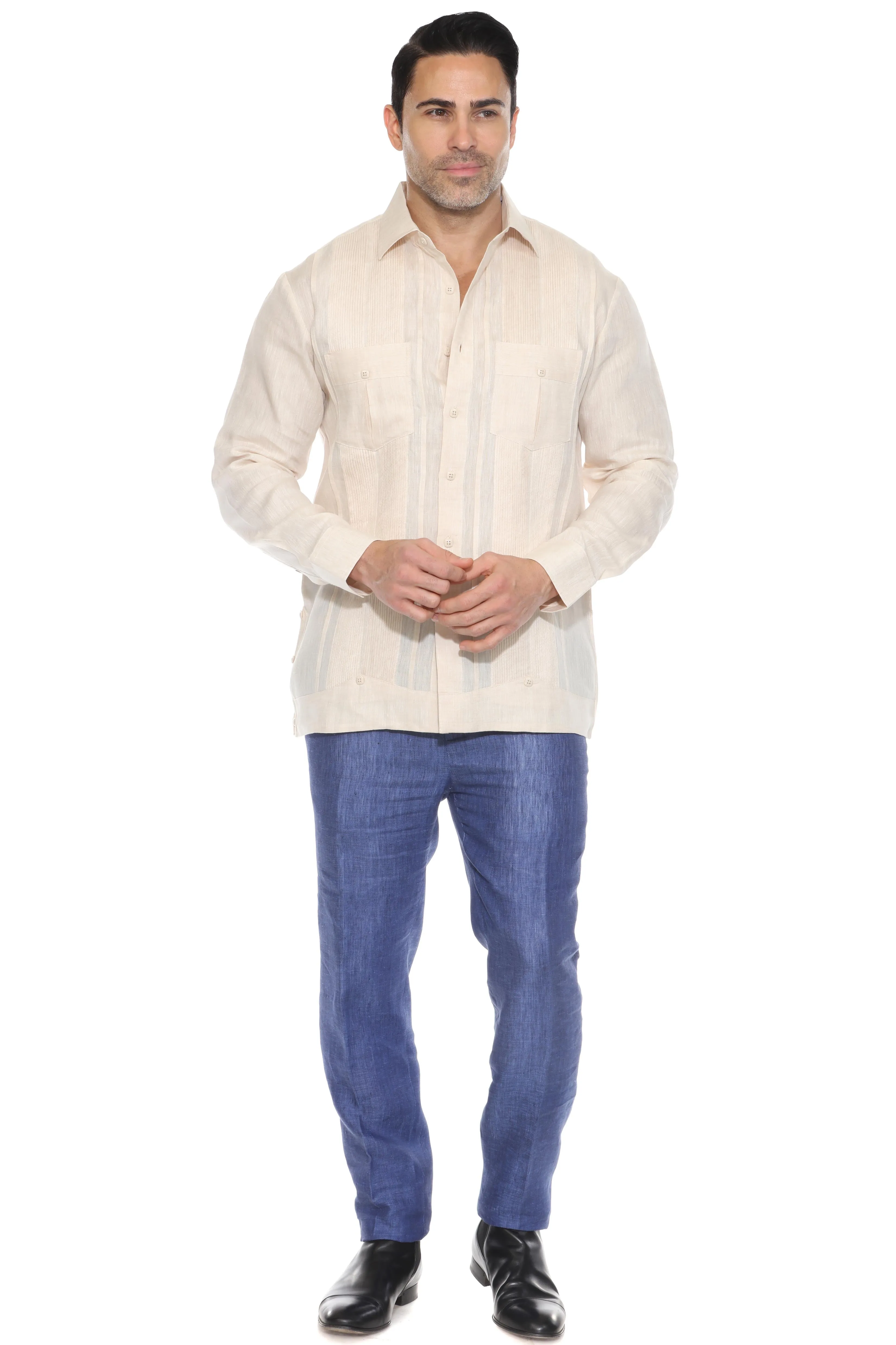 Men's 100% Linen Yarn Dyed Guayabera Chacabana Shirt Long Sleeve with 2 Pocket Design