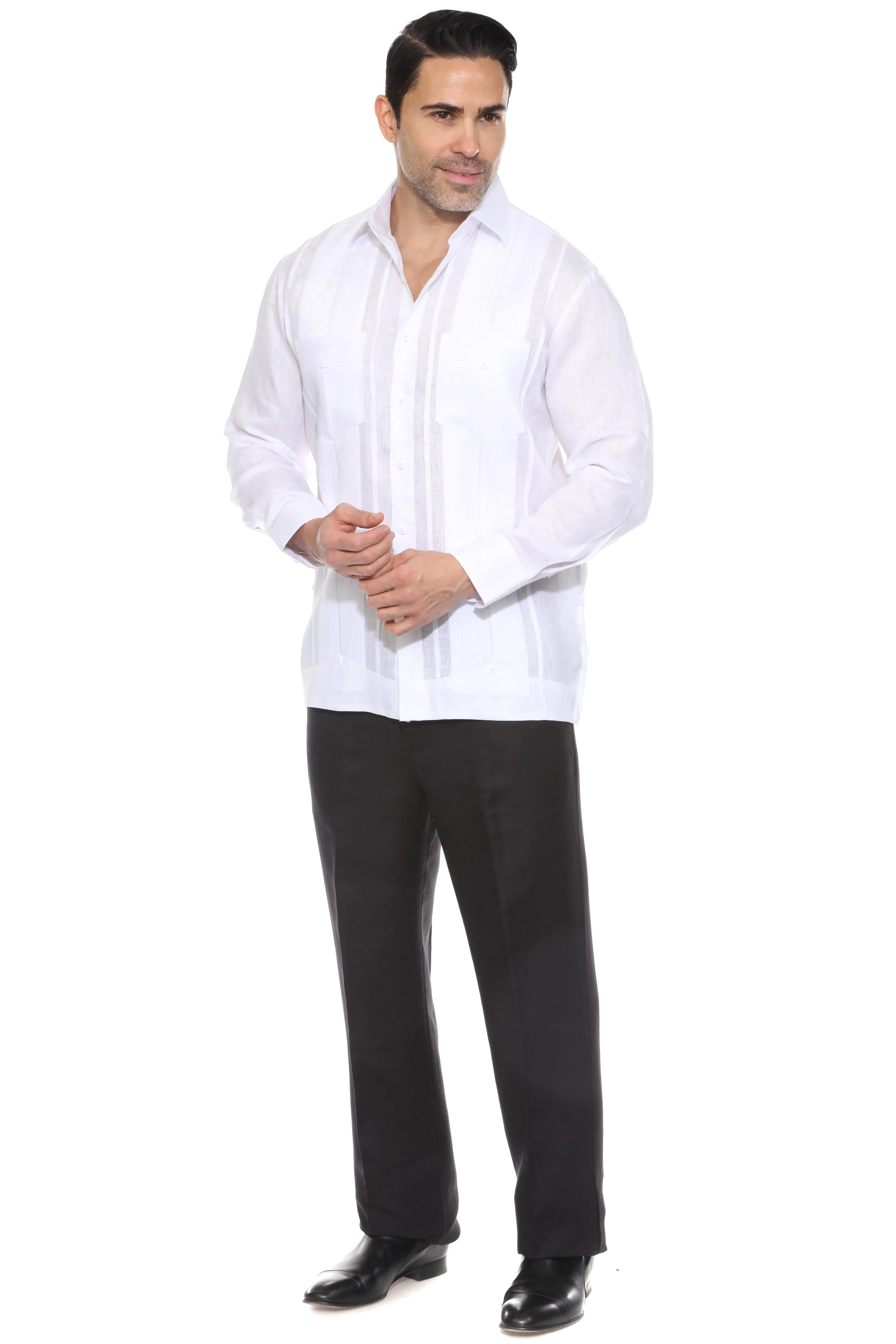 Men's 100% Linen Yarn Dyed Guayabera Chacabana Shirt Long Sleeve with 2 Pocket Design