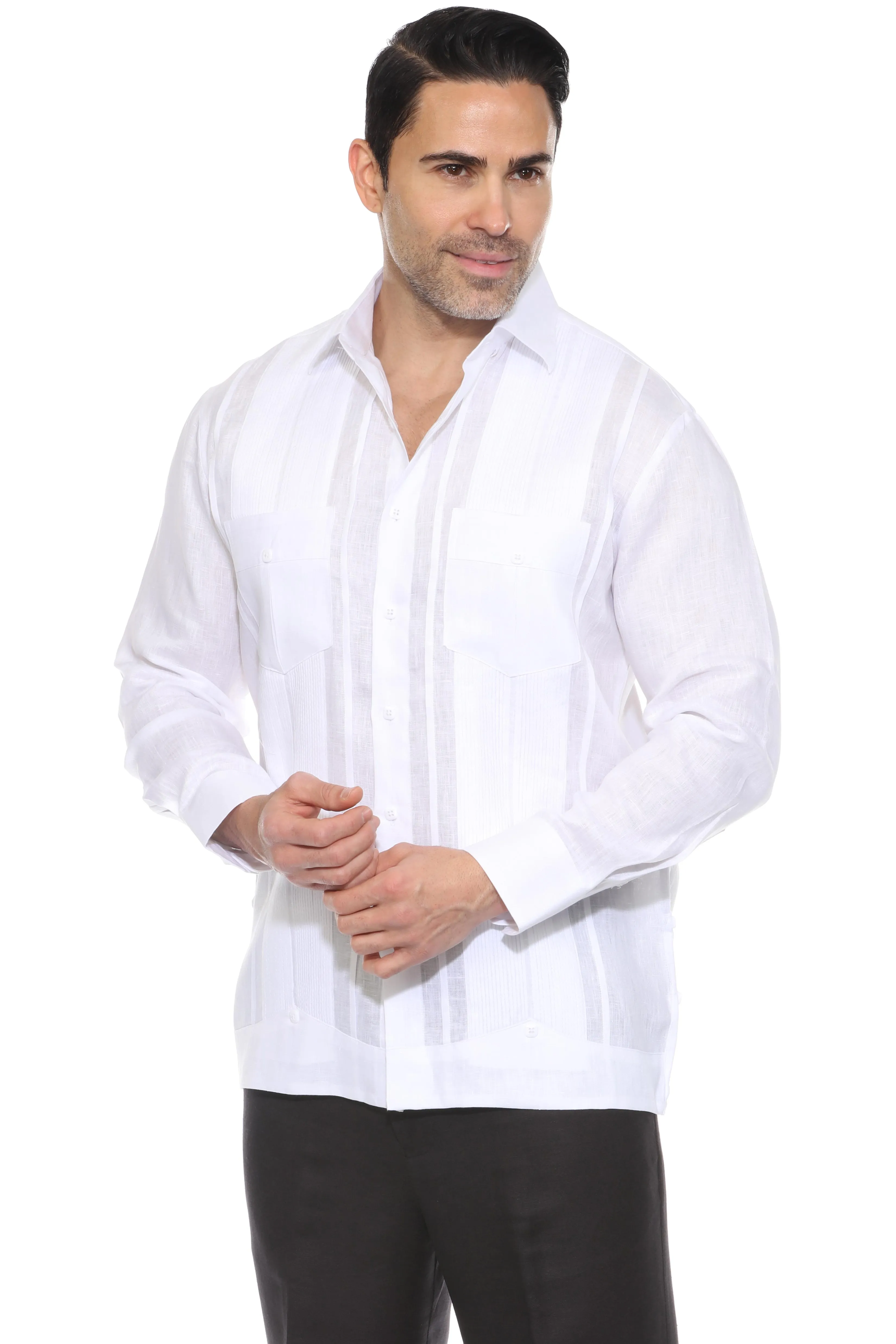 Men's 100% Linen Yarn Dyed Guayabera Chacabana Shirt Long Sleeve with 2 Pocket Design