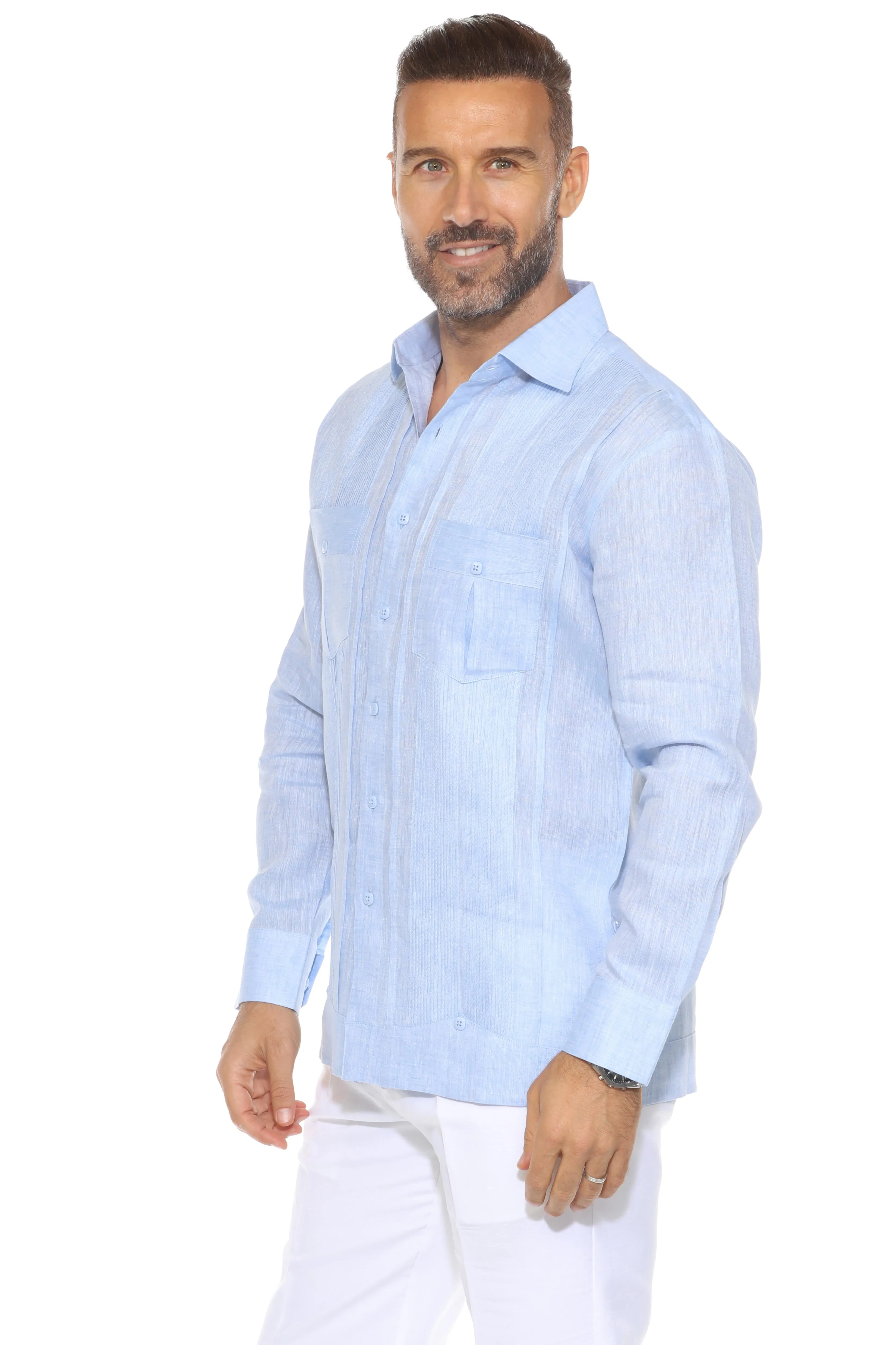 Men's 100% Linen Yarn Dyed Guayabera Chacabana Shirt Long Sleeve with 2 Pocket Design