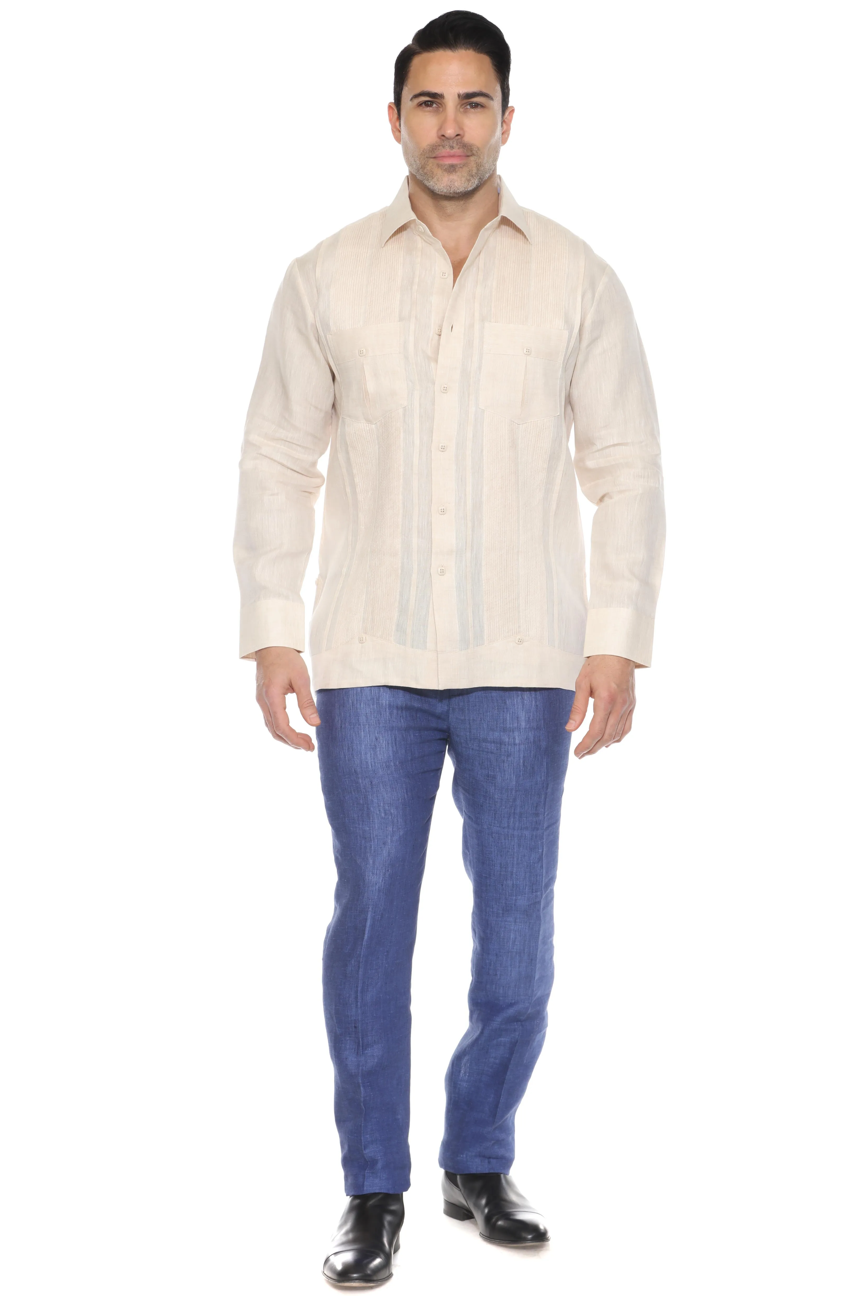 Men's 100% Linen Yarn Dyed Guayabera Chacabana Shirt Long Sleeve with 2 Pocket Design