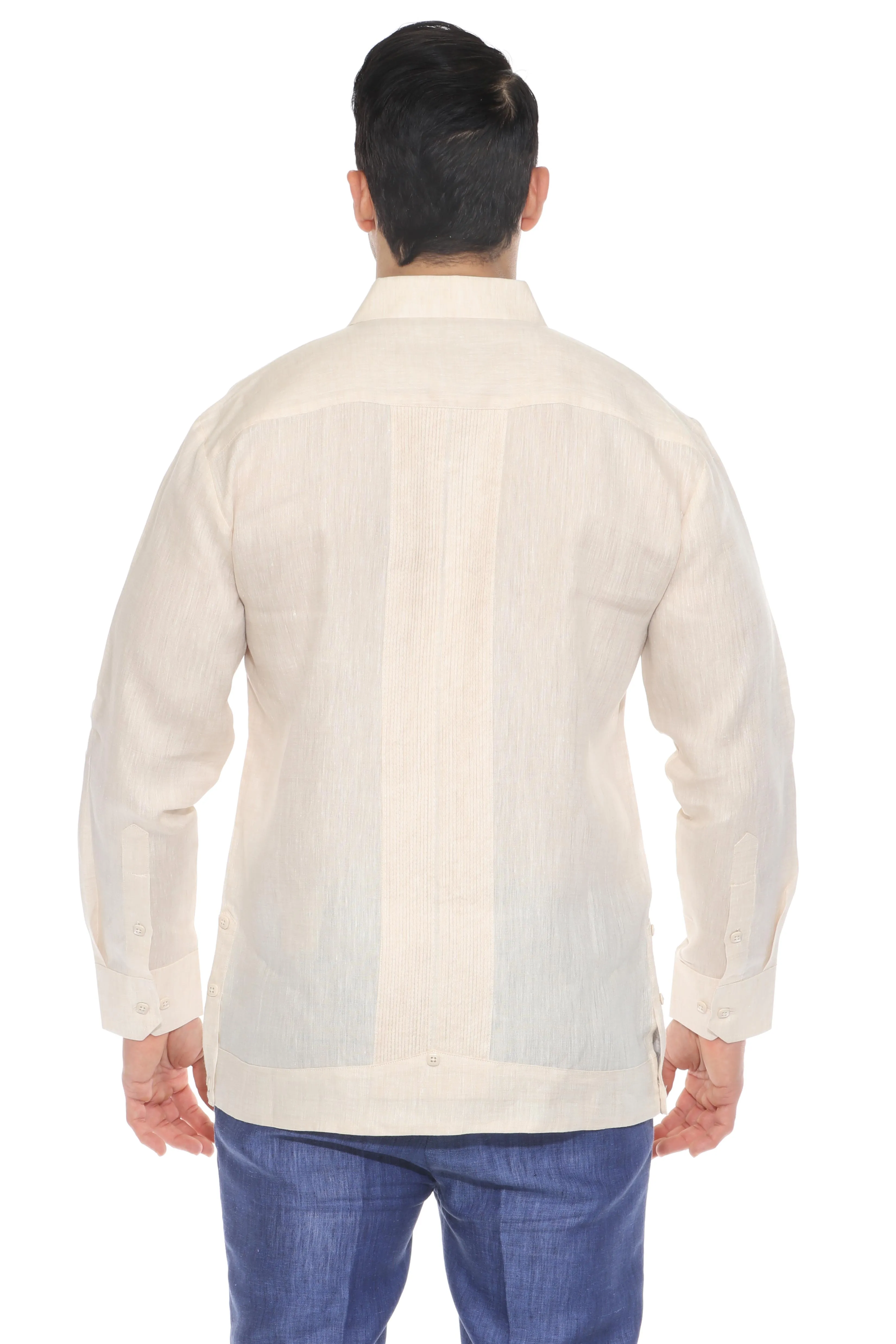 Men's 100% Linen Yarn Dyed Guayabera Chacabana Shirt Long Sleeve with 2 Pocket Design