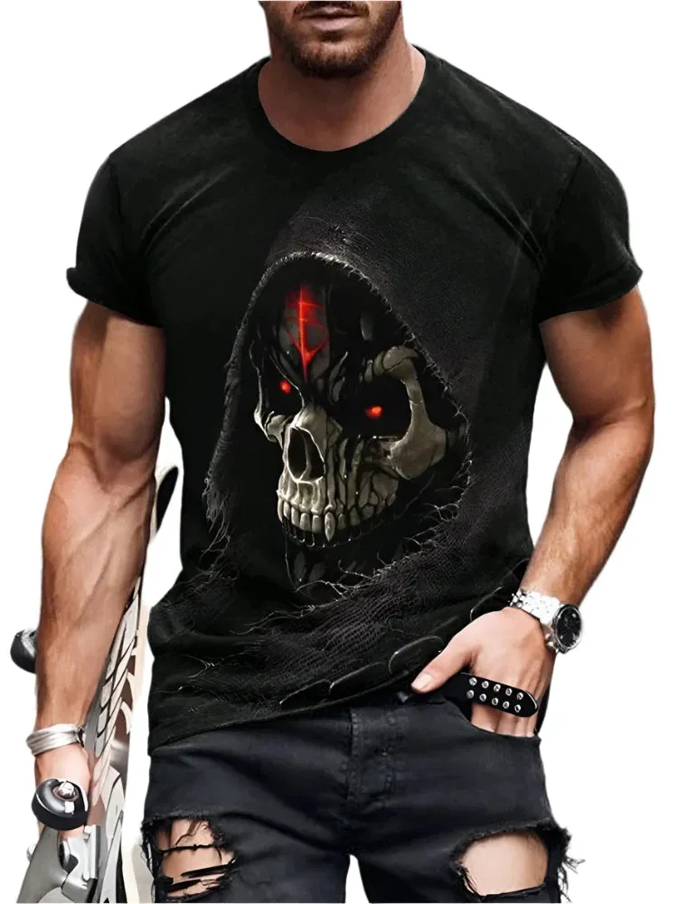 Men's Skull Print Summer T-Shirt - Casual Short-Sleeve Streetwear for Everyday & Outdoor Wear