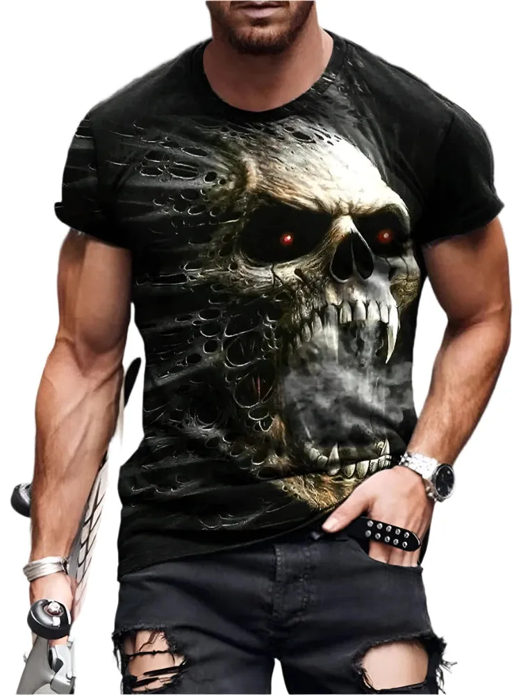 Men's Skull Print Summer T-Shirt - Casual Short-Sleeve Streetwear for Everyday & Outdoor Wear
