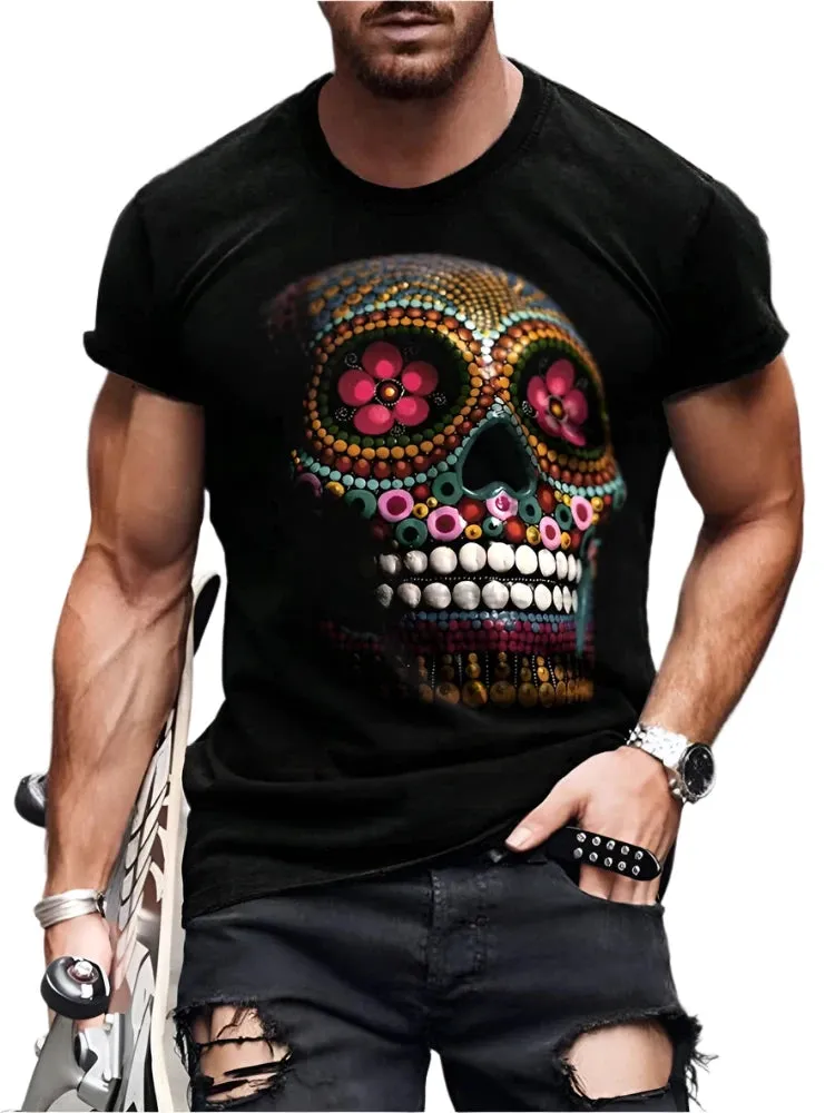 Men's Skull Print Summer T-Shirt - Casual Short-Sleeve Streetwear for Everyday & Outdoor Wear