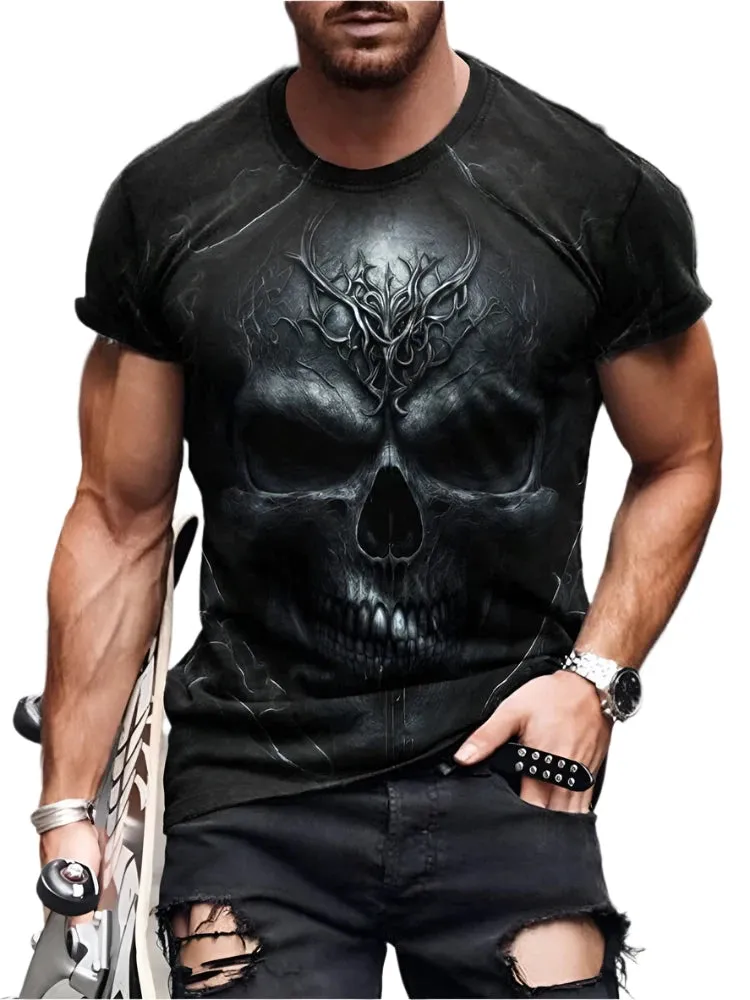 Men's Skull Print Summer T-Shirt - Casual Short-Sleeve Streetwear for Everyday & Outdoor Wear