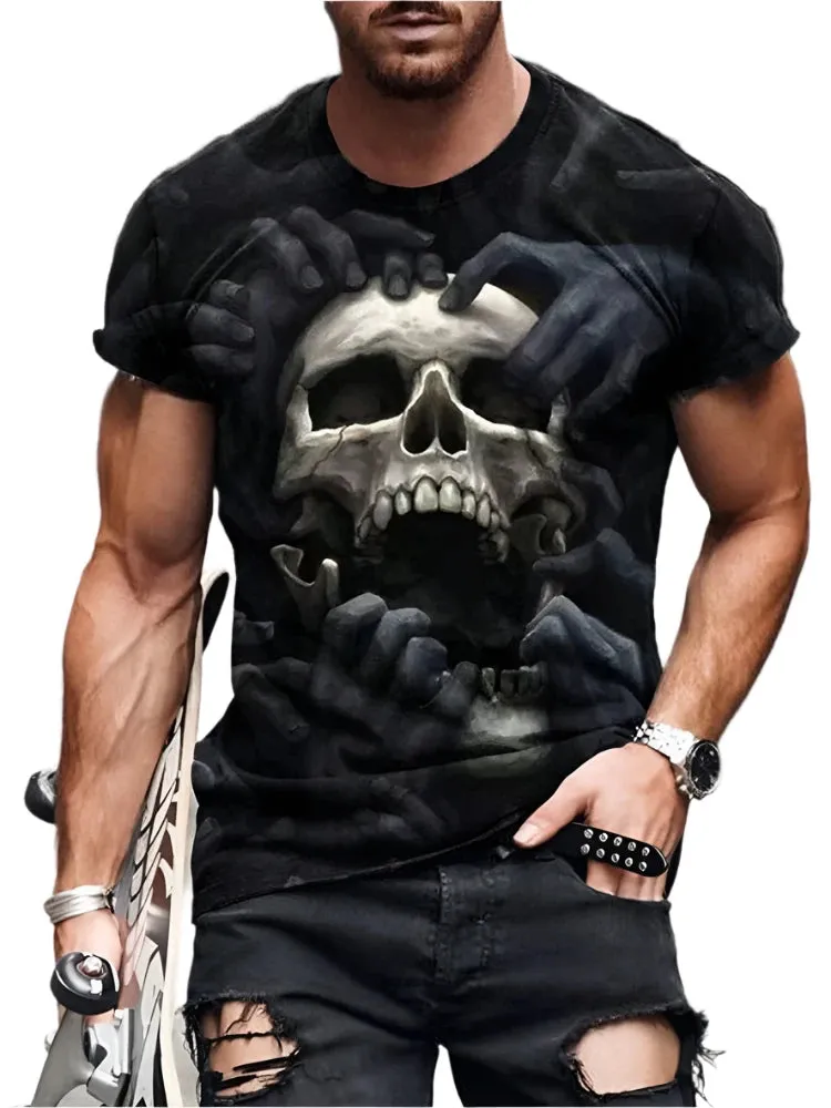 Men's Skull Print Summer T-Shirt - Casual Short-Sleeve Streetwear for Everyday & Outdoor Wear